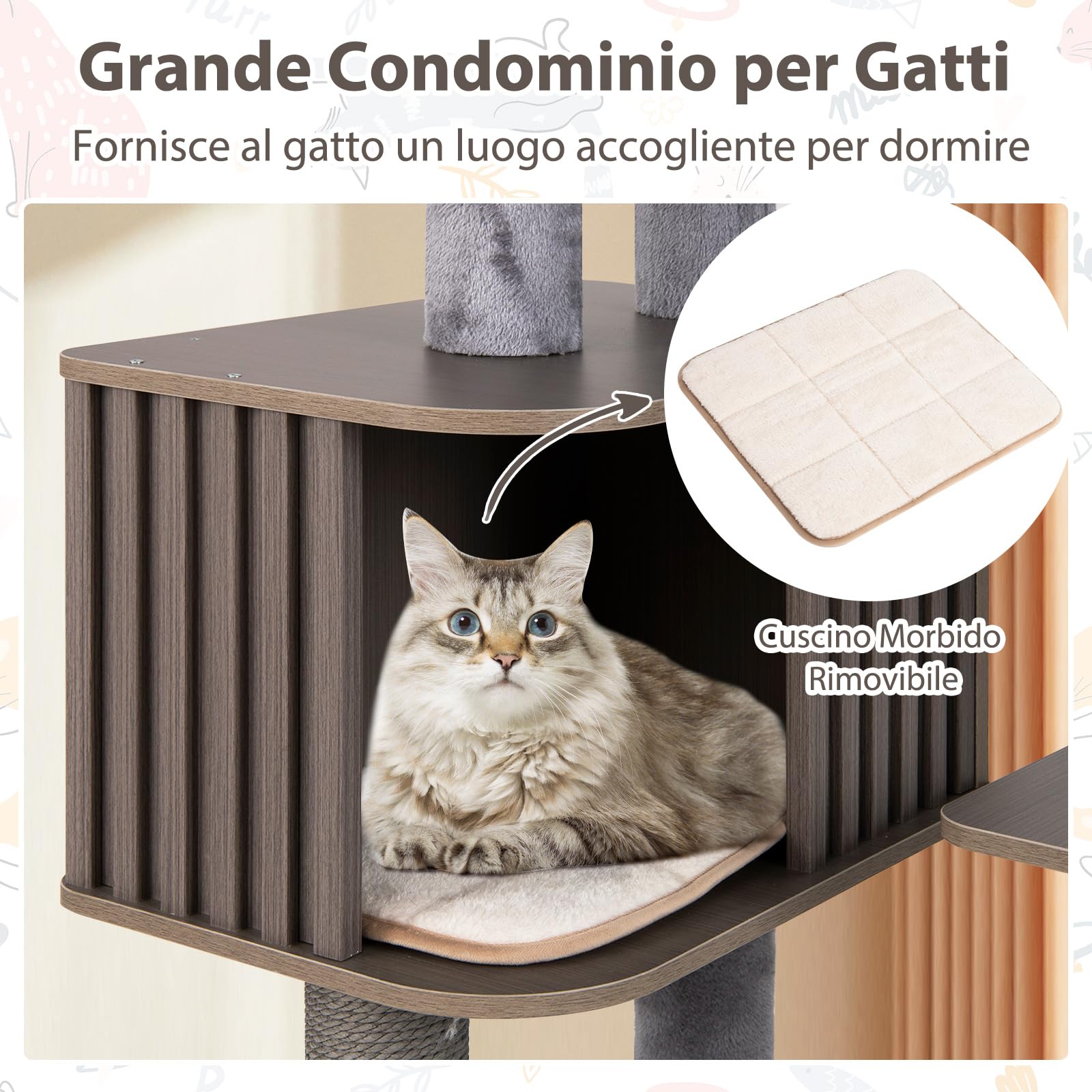 COSTWAY Albero per Gatti a 6 Livelli, Torre per Gatti Alta 151 cm con Condominio, Tappetini Removibili e Tiragraffi, Albero Tiragraffi per Arrampicata per Gattini in Legno con Palla Pompom Appesa