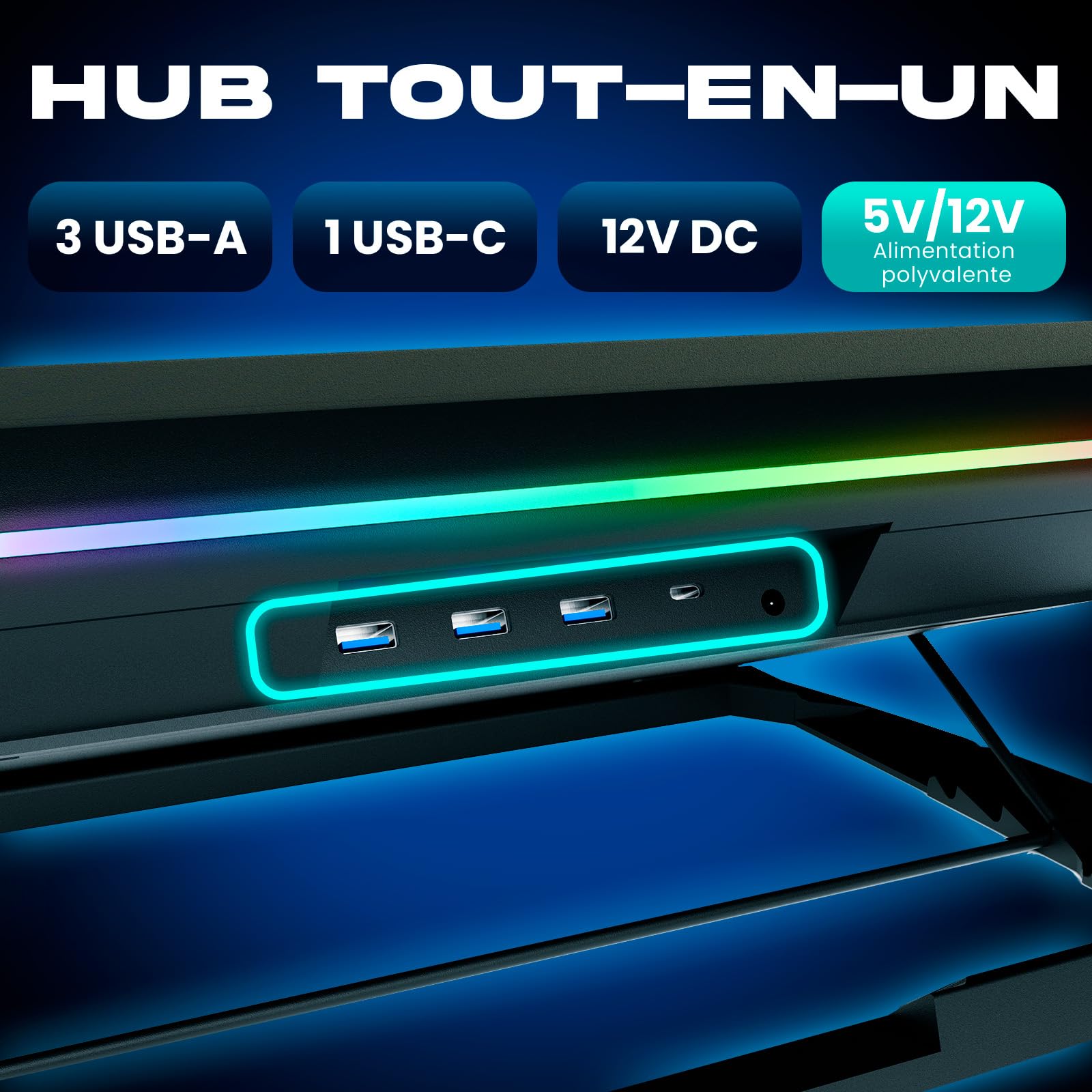 KLIM Turbofrost Refroidisseur PC Portable 4 Turbo Ventilateurs - 4x4000 RPM, 4 Ports USB, RGB Dynamique, 2 Modes d'alimentation USB-C/DC, Mousse Isolante - Support PC Portable 14-17in - Espace Gris