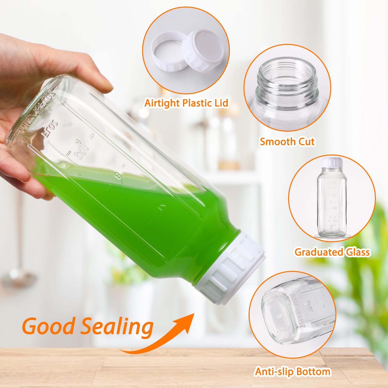 EkkoVla 500ml Glass Bottles with Airtight Lids, 4 Pack Reusable Juice Bottles with Scale, for Milk Smoothies, Beverages - Image 3