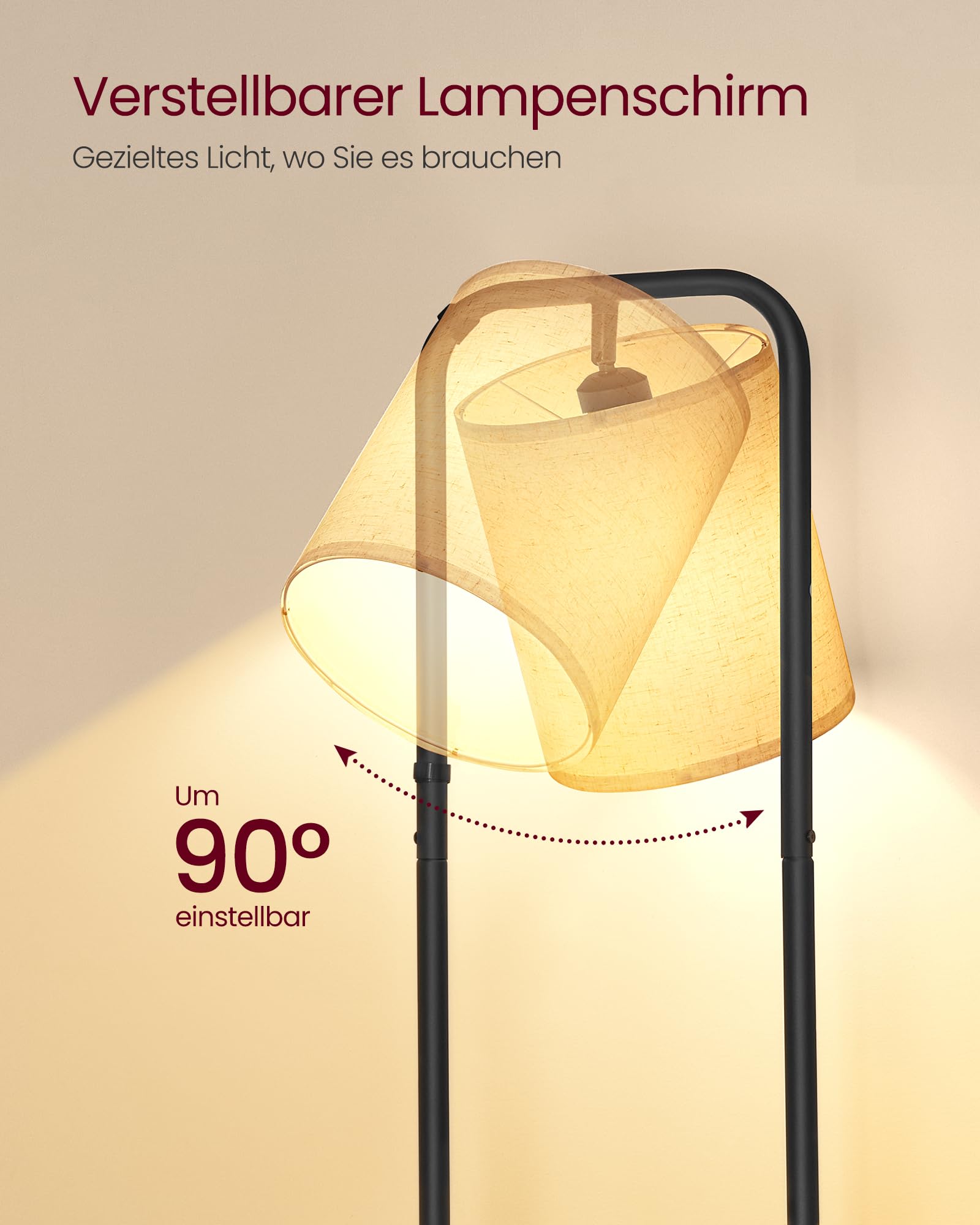 VASAGLE Stehlampe mit Regal, mit 3 Holzregalen, Lampenschirm aus Stoff