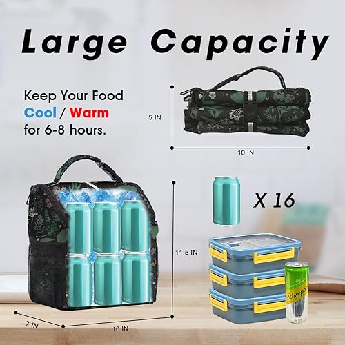 Miniatura 2 de VLM Lunch Box for Women, Insulated Lunch Bag Women with Adjustable Shoulder Strap, Cute Lunch Tote Bag for Work,Picnic,Camping Big Size Floral verde