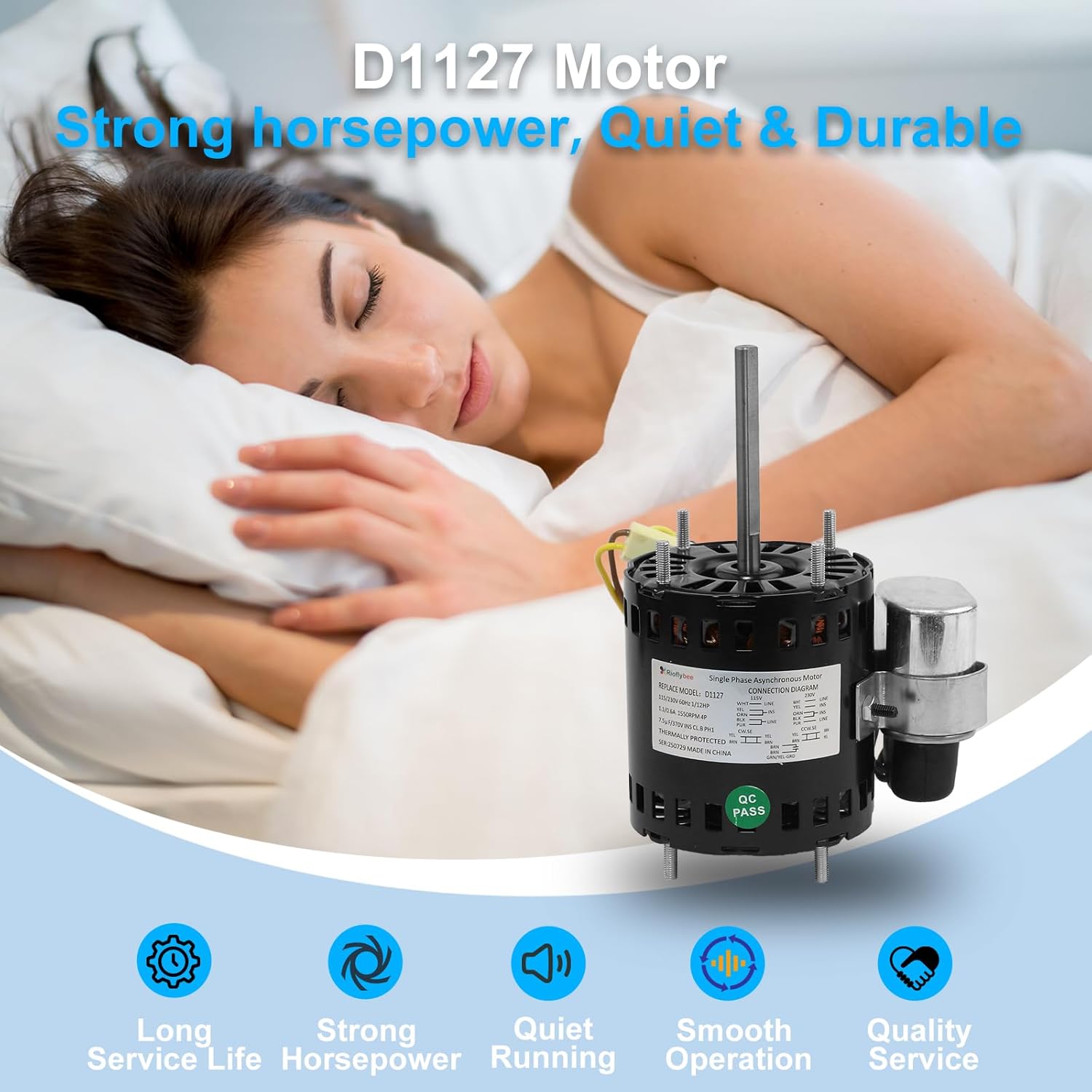 9721 D1127 Refrigeration Fan Motor, 1/12 HP 1550 RPM 115/230V AC, Compatible with HeatCraft 5008S 5008T, Bohn 25309101 Century 9721 Fasco D1127 Permanent Split Capacitor Motor, with Capacitor