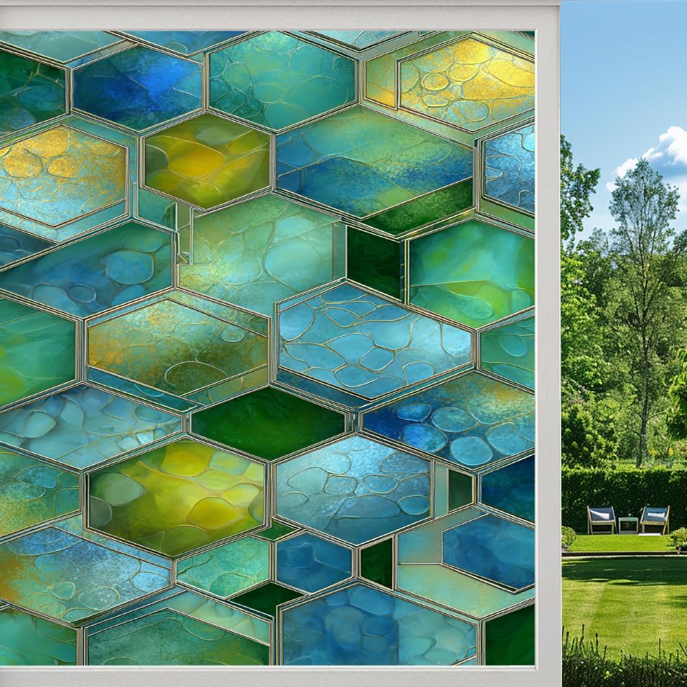 Pmlbaous Geometric Color Blocks Stained Glass Window Film, Irregular Abstract Hexagon Peel And Stick Privacy Film, Frosted Adhesive Vinyl Decorative For Bathroom Windows Glass Doors, （80X120cm）