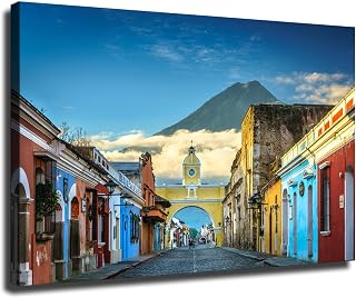 Antigua City Guatemala Volcano Cityscape Poster Canvas Modern HD Picture Print Artwork Home Living Room Bedroom Room Wall Art Background Decor (Framed,24x36inch)