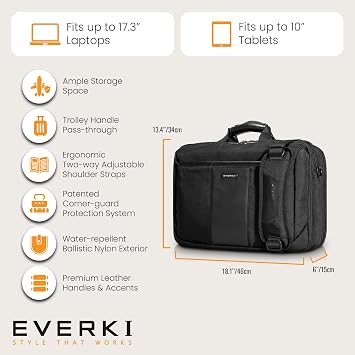 EVERKI Versa Laptop Briefcase Bag for Men & Women, Black - 17.3 Inches