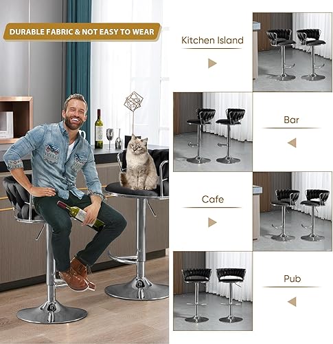 Miniatura 7 de Juego de 2 taburetes de bar giratorios de terciopelo, modernos taburetes de bar ajustables con respaldo tejido, taburete de bar de altura de Negro