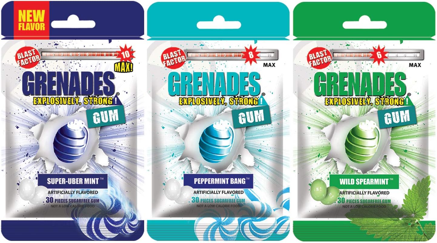 Grenades Gum - POWER PACK ICE - STRONG MINT GUM - 3-PACK, 90pcs - Mint Flavor Pack (Super-Uber Mint, Peppermint and Spearmint) - Ultimate Fresh Breath & Serious Nose Blasting Power - Sugar-Free Gum