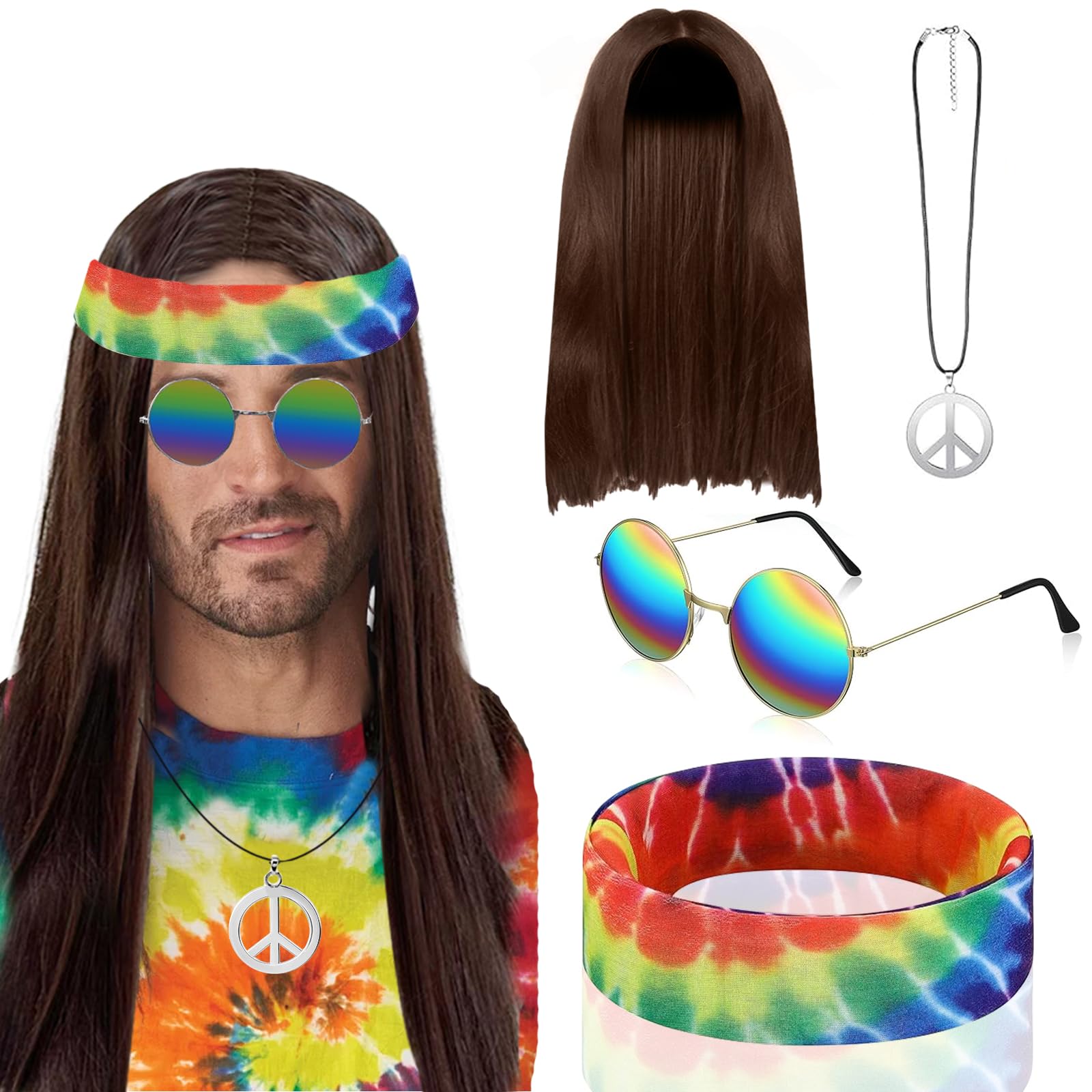Disfraces Hippies Disfraz de Accesorios Complementos Hippie Años 70 60 Mujer Hombre Traje Fiesta Conjunto Kit Hippie Hippy 70s 60s Outfit Costume Hippies Mujer Hombre Ropa Jipi Disfraz