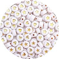 Vista 7 de 100 cuentas de letras – Cuentas redondas blancas de 0.157 x 0.276 pulgadas (0.157 x 0.276 in), color blanco, letras del alfabeto, corazón, estrella