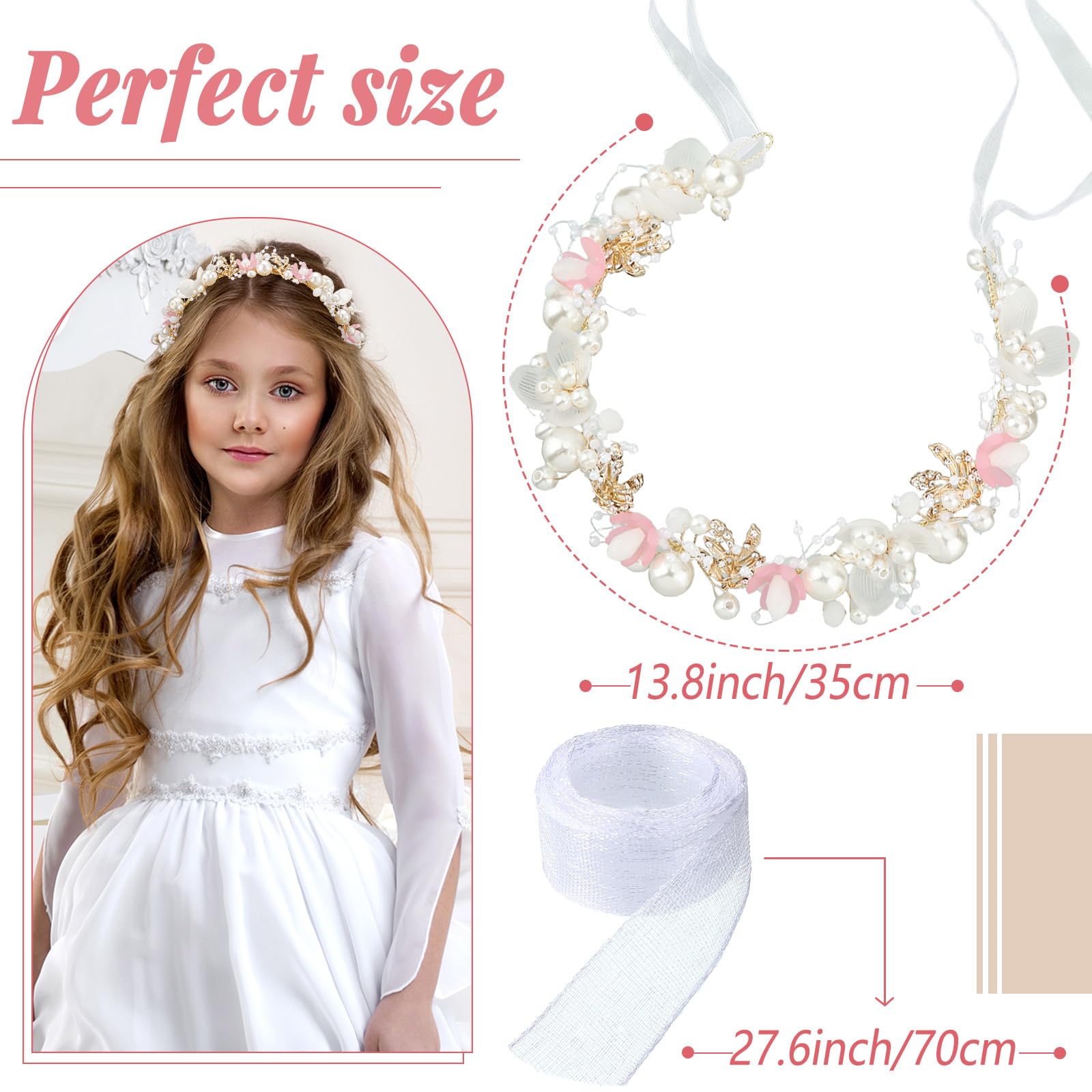 Flower Girl Headband Alloy Pearl Rhinestone Wedding Prom First Communion Rustic Pearl Flower Crown for Baby Shower • Gender Reveal  main image 3