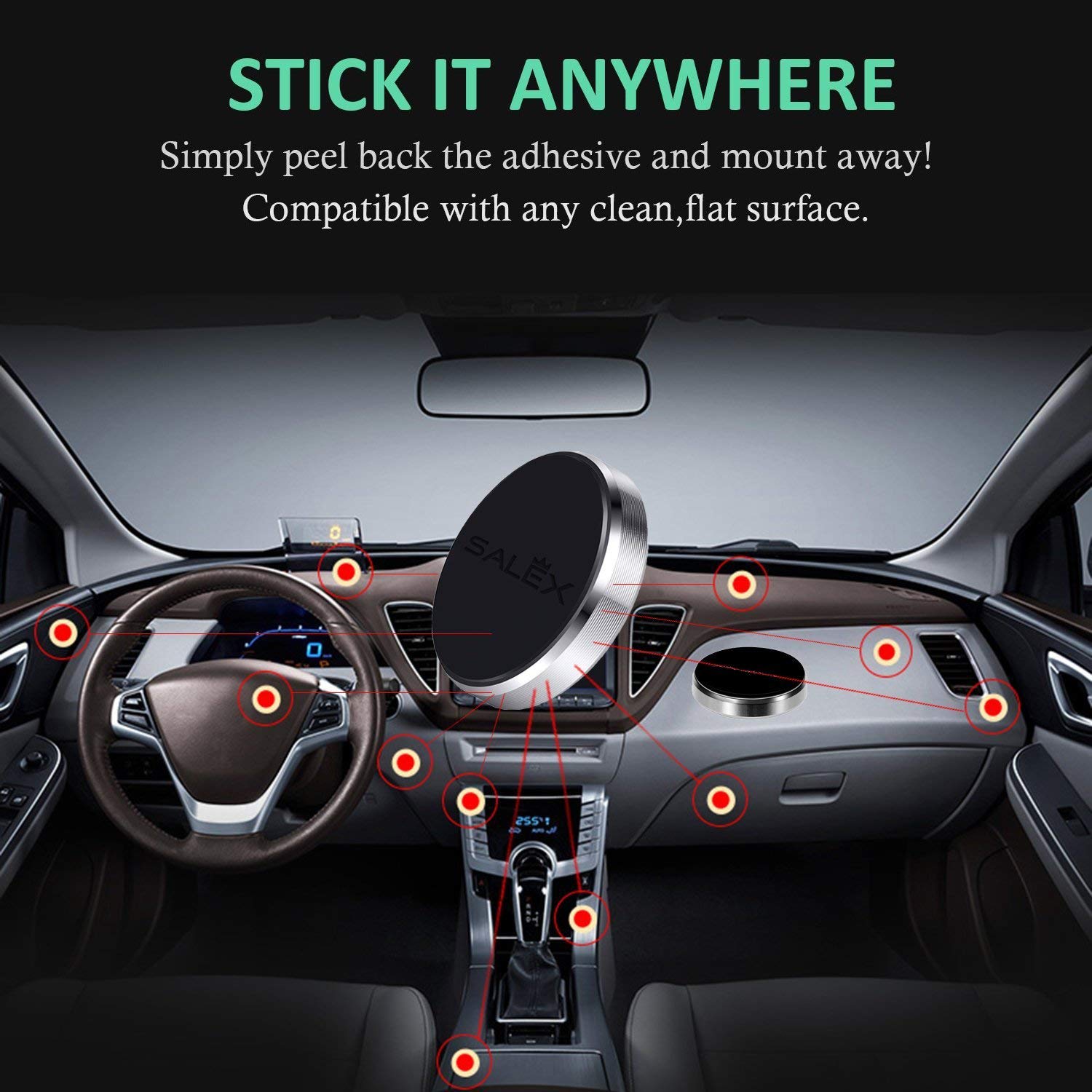 SALEX Juego de 4 soportes magnéticos negros para salpicadero de coche, pared, parabrisas, espejo, mesa, kit universal adhesivo compatible con GPS, tabletas y smartphones de hasta 13,3 pulgadas.