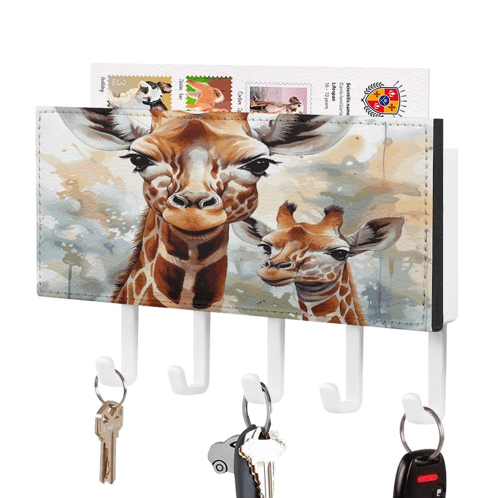 FekiLoot Watercolor Deer Giraffe Key Holder Wall Mount Key and Mail Holder Key Hanger with 5 Hooks Decorative PU Key Rack Hanging Key Hooks for Wall Living Room Kitchen Bathroom Hallway White-Style
