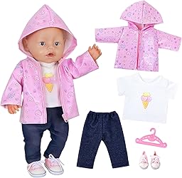 Puppenkleidung für 35-43 cm Newborn Baby Puppen, 4 Stück Magisches Regenmantel Puppenkleidung mit Regenjacke mit Kapuze, T-Shirt, Hose, Schuhe & Kleiderbügel, Baby Puppen Zubehör