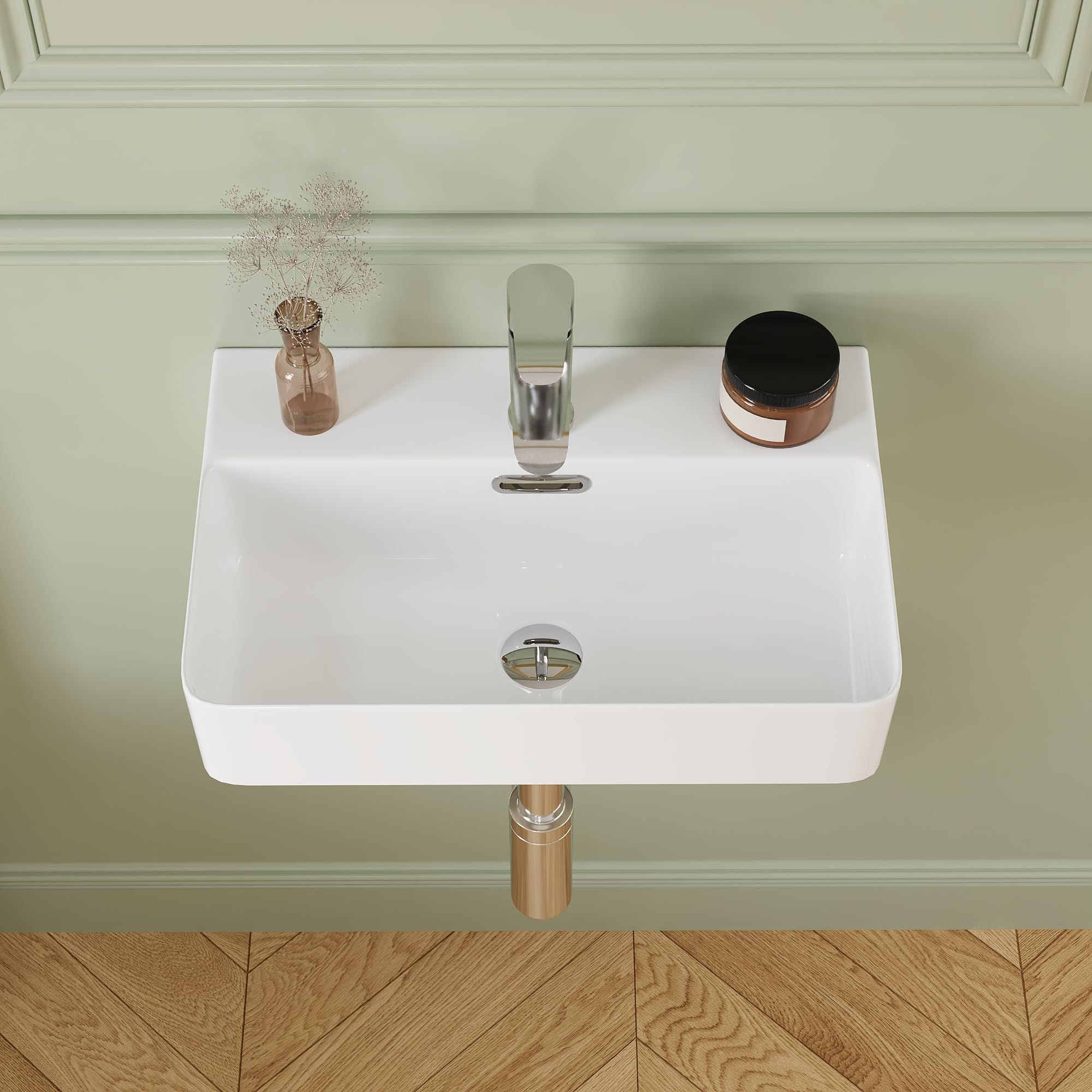 DeerValley Ceramic Bathroom Sink - White Countertop Basin with Thin Edge & Overflow, Wall Mount or Counter Bathroom Basin, Includes Pop-Up Drain, Modern Small Bathroom Sink for Cloakroom