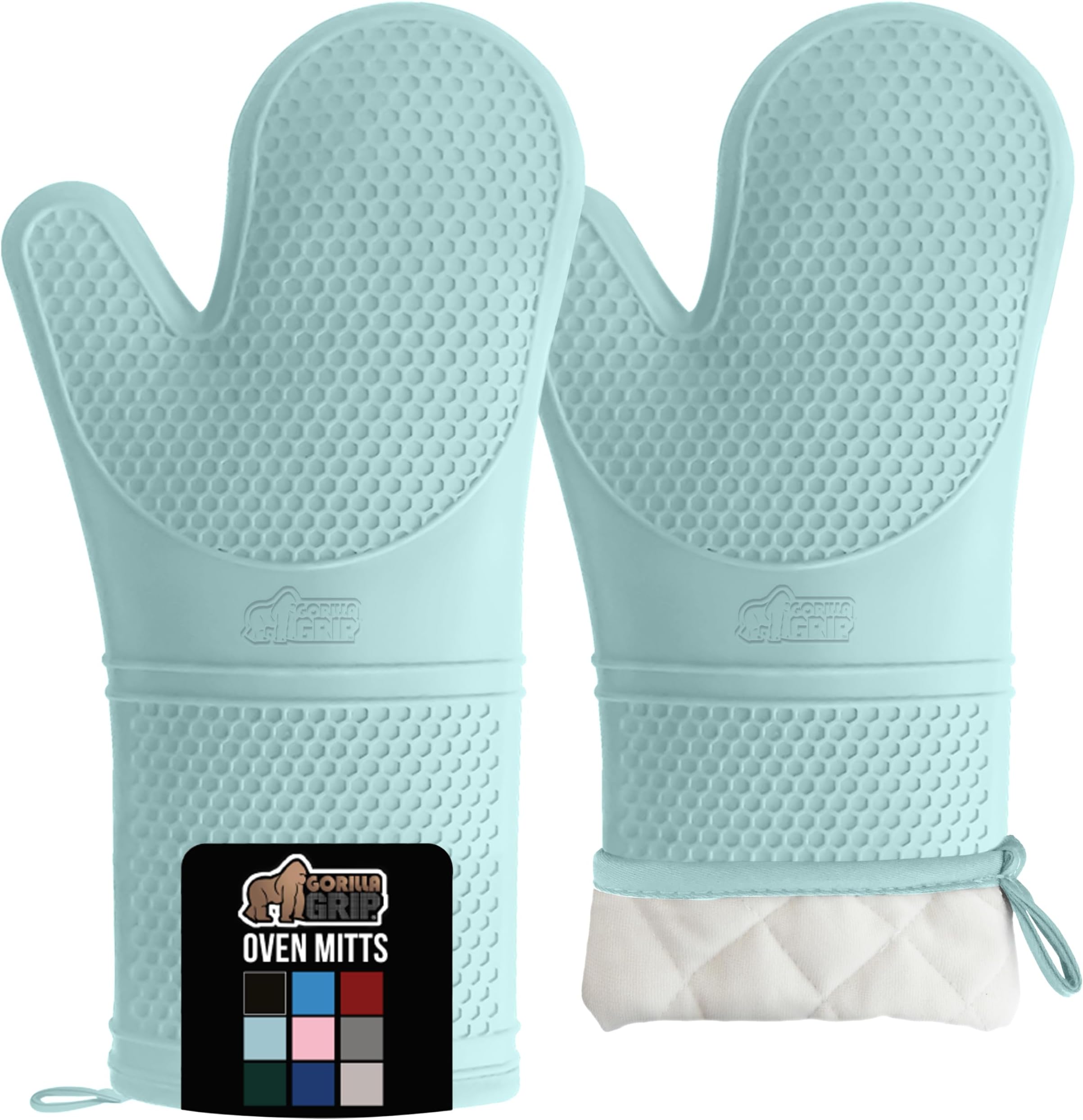 GORILLA GRIP BPA-Free Soft Silicone Oven Mitts, 14.5x8.3, Heat Resistant and Waterproof Cooking Gloves, Thick Cotton Lining, Flexible Gripping for Baking Grilling, Kitchen Potholders Set of 2, Mint