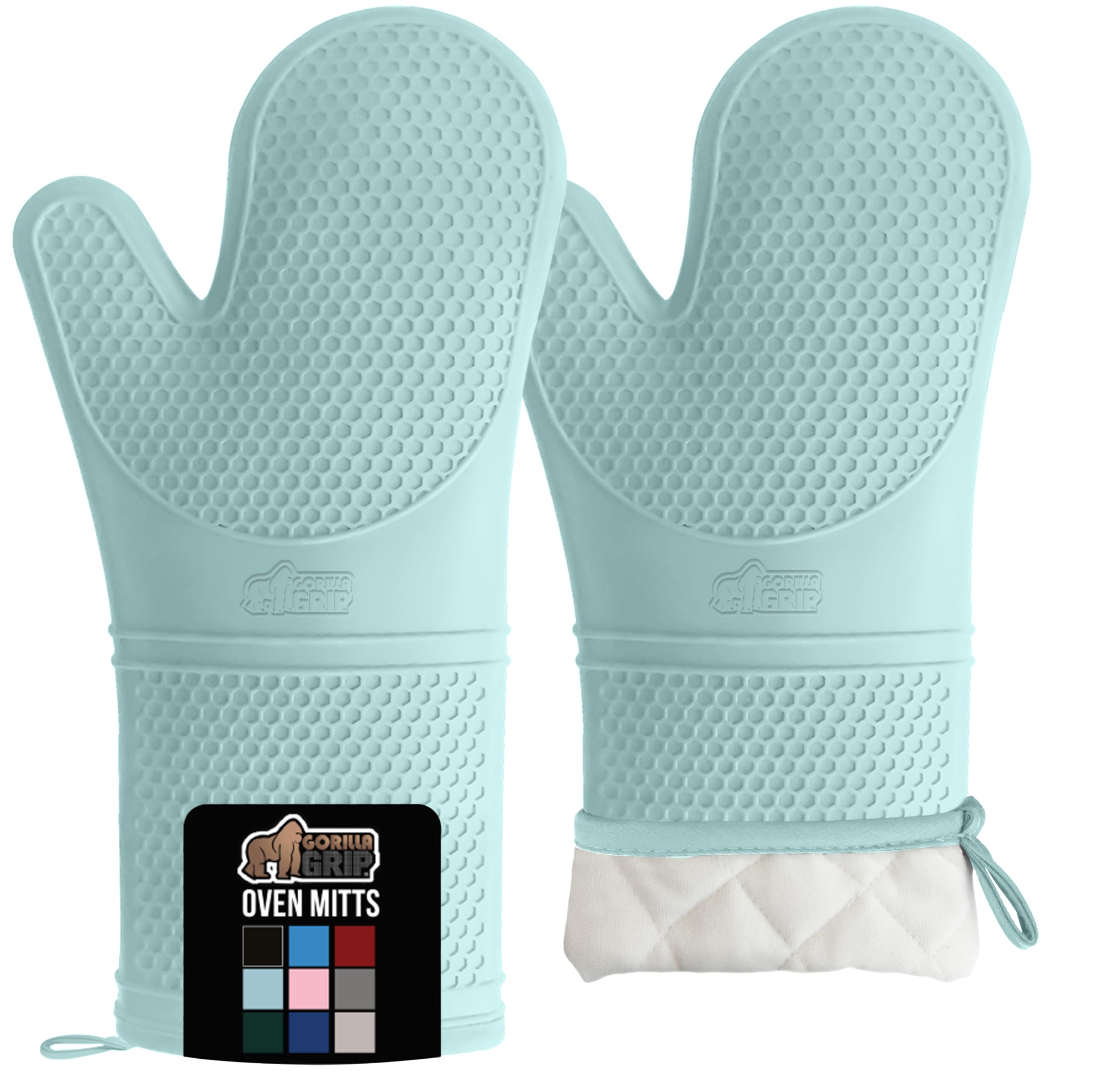 GORILLA GRIP BPA-Free Soft Silicone Oven Mitts, 14.5x8.3, Heat Resistant and Waterproof Cooking Gloves, Thick Cotton Lining, Flexible Gripping for Baking Grilling, Kitchen Potholders Set of 2, Mint