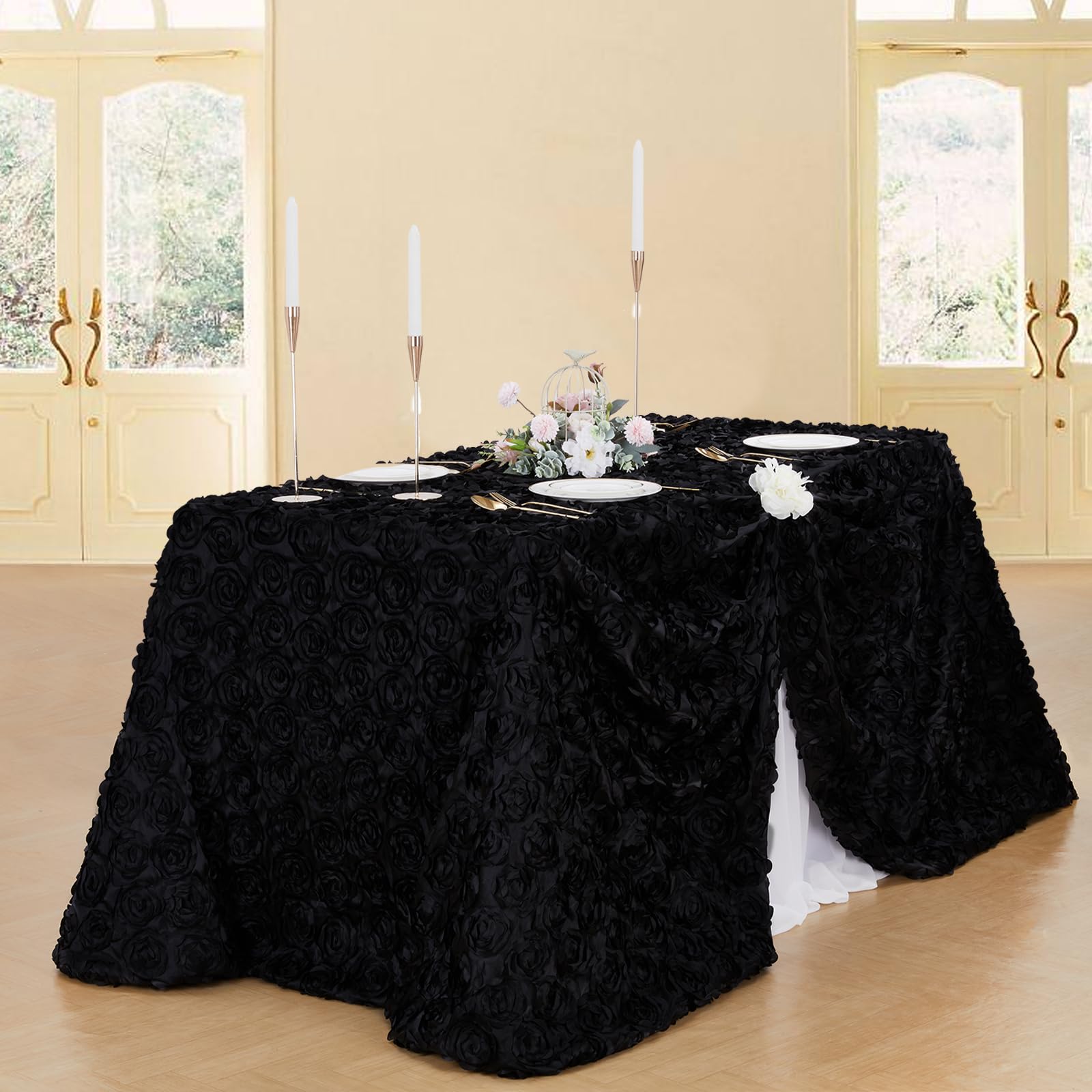 Fanqisi Schwarze Tischdecke, 228 x 332 cm, Rosette, Hochzeit, Party, Tischdekoration, rechteckig, Satin, Blumenmuster, Tischdecke für Babyparty-Dekorationen