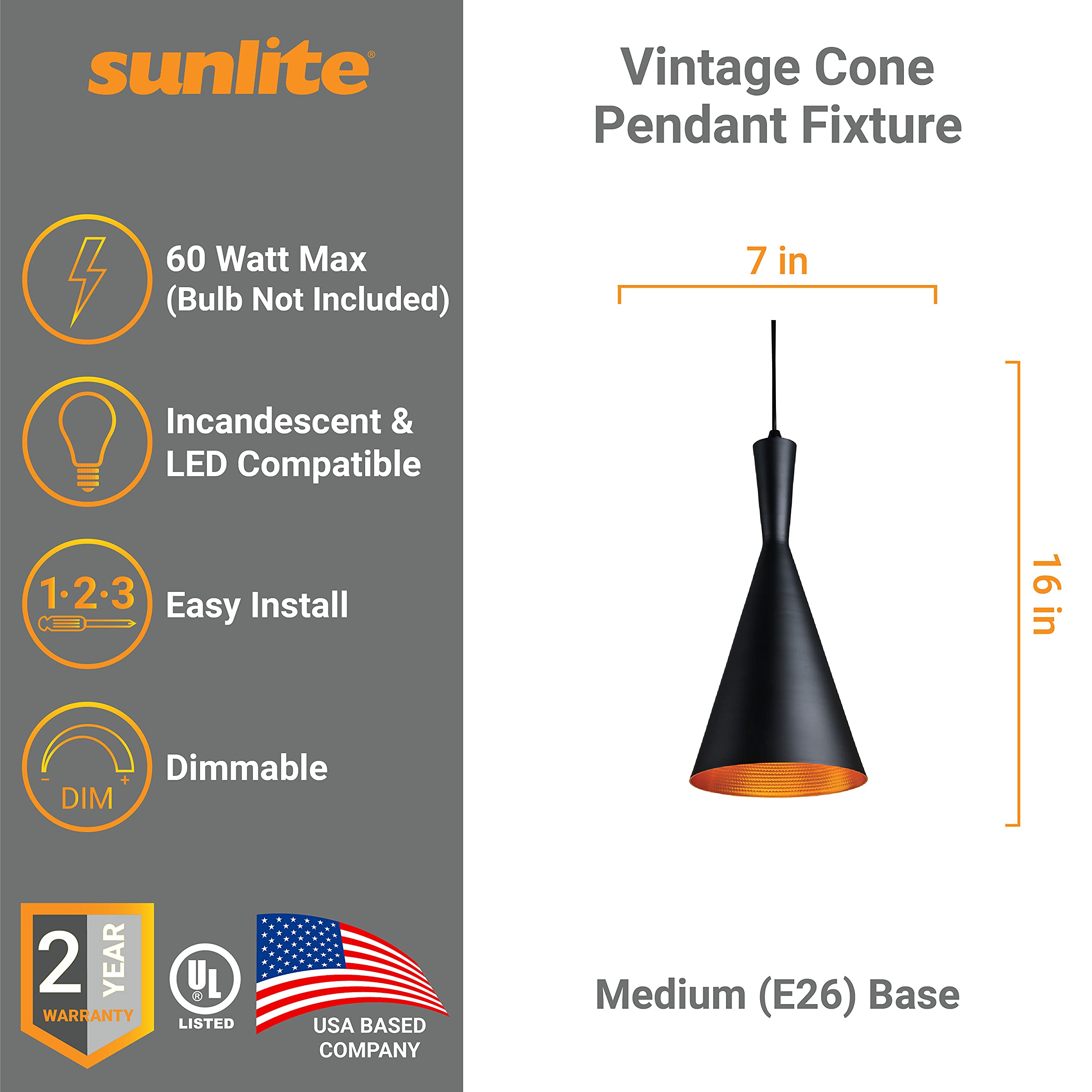 Sunlite 07028-SU Vintage Inspired Cone Pendant Farmhouse D??cor, Medium Base Socket (E26), 78" Adjustable Cord Length, Copper Interior, 7-Inch, Matte Black Shade