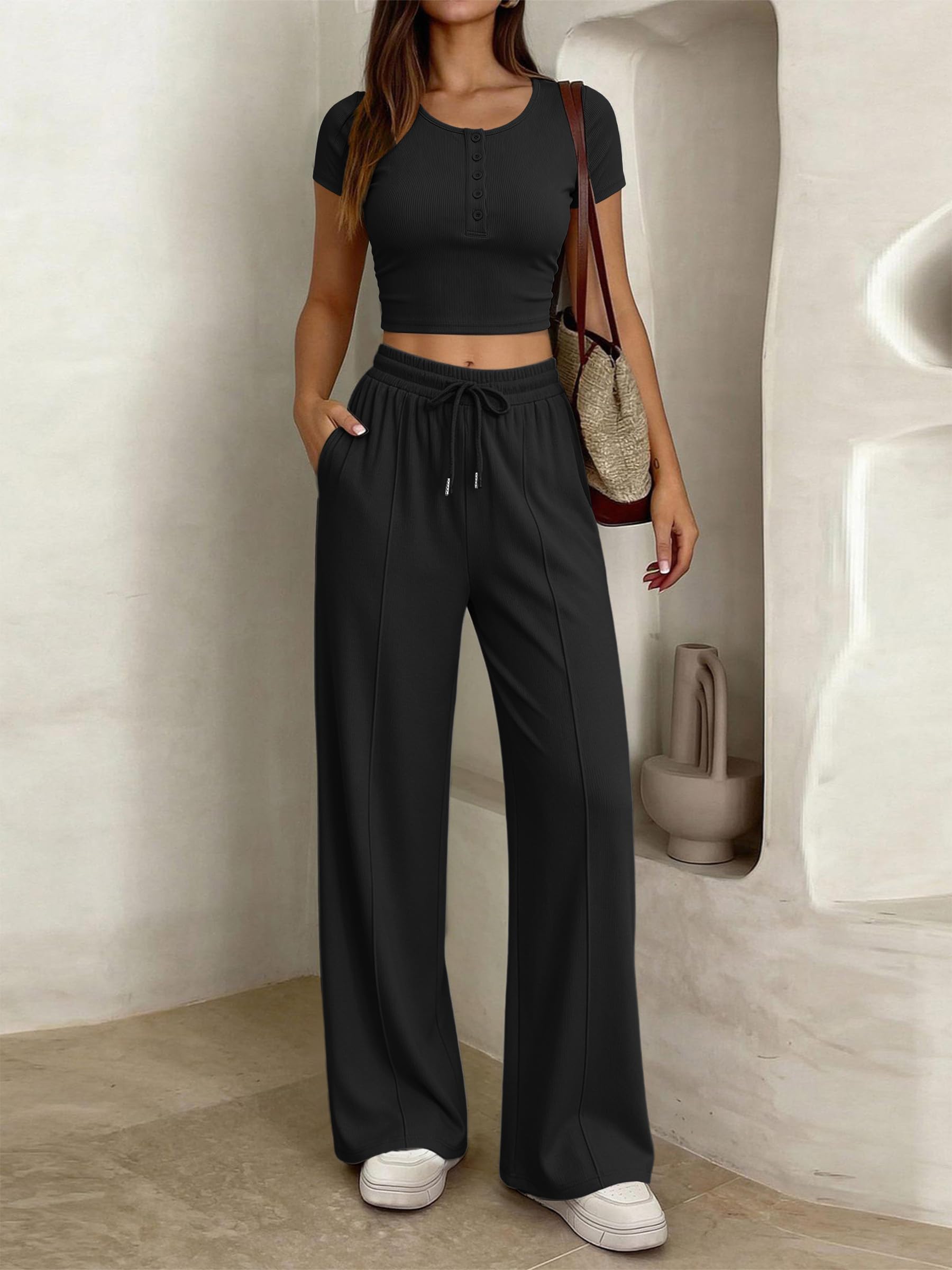 JFAN Ensemble Femme 2 Pièces Casual de Sport Slim Fit Short Sleeve Top et Cordon Pantalon avec Poches Loungewear Chic Outfit Été Automne Survêtement Suit