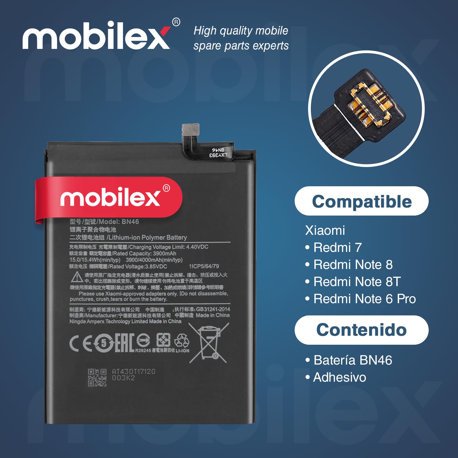 MOBILEX® Batteria BN46 per Xiaomi Redmi 7 / Redmi Note 8 / Redmi Note 8T / Redmi Note 6 Pro | 4000mAh - OEM | Ricambio interno con adesivo | Capacità originale