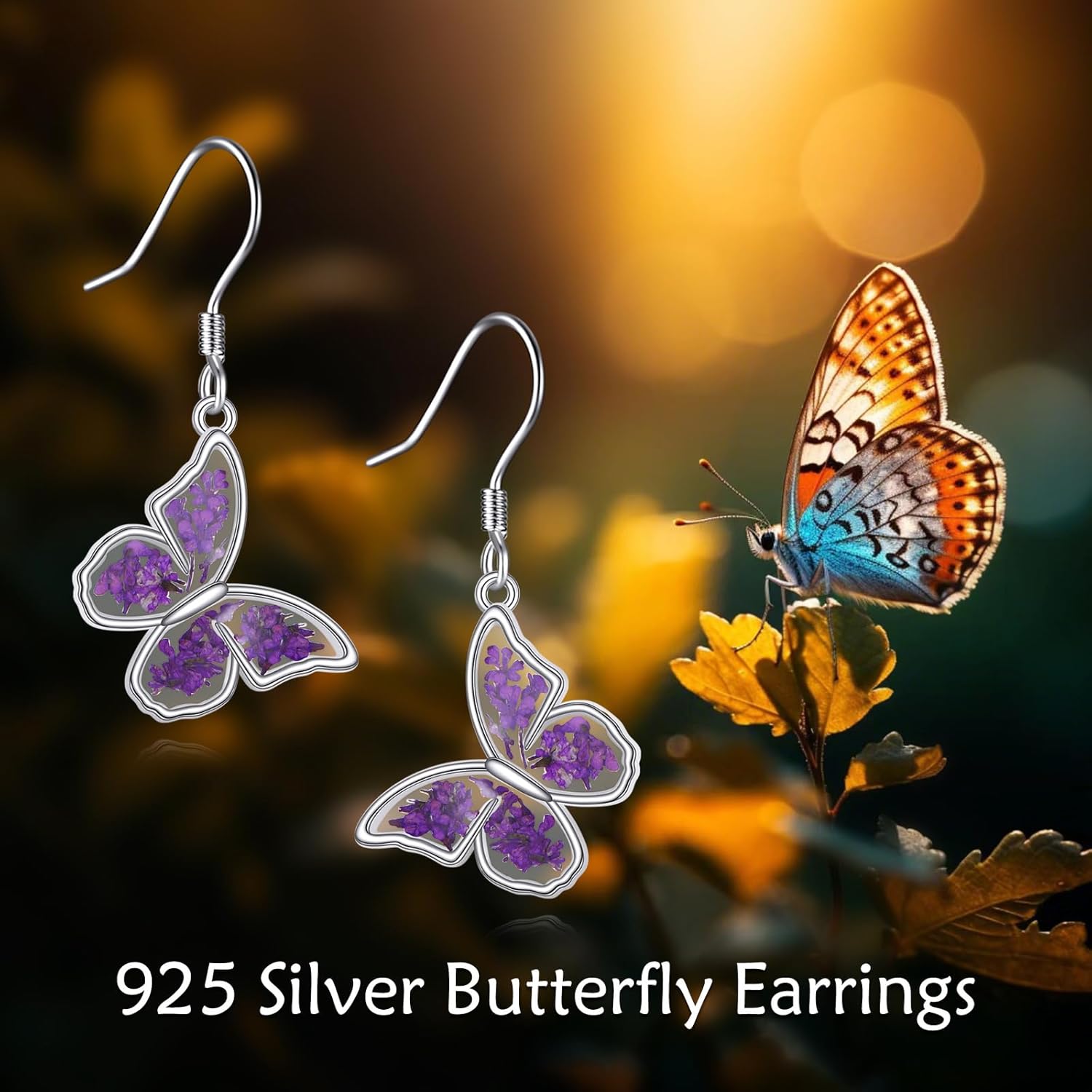 MONGAS Butterfly Earrings 925 Sterling Silver Butterfly Lavender Dangle Earrings Flower Lavender Jewelry Gifts for Women