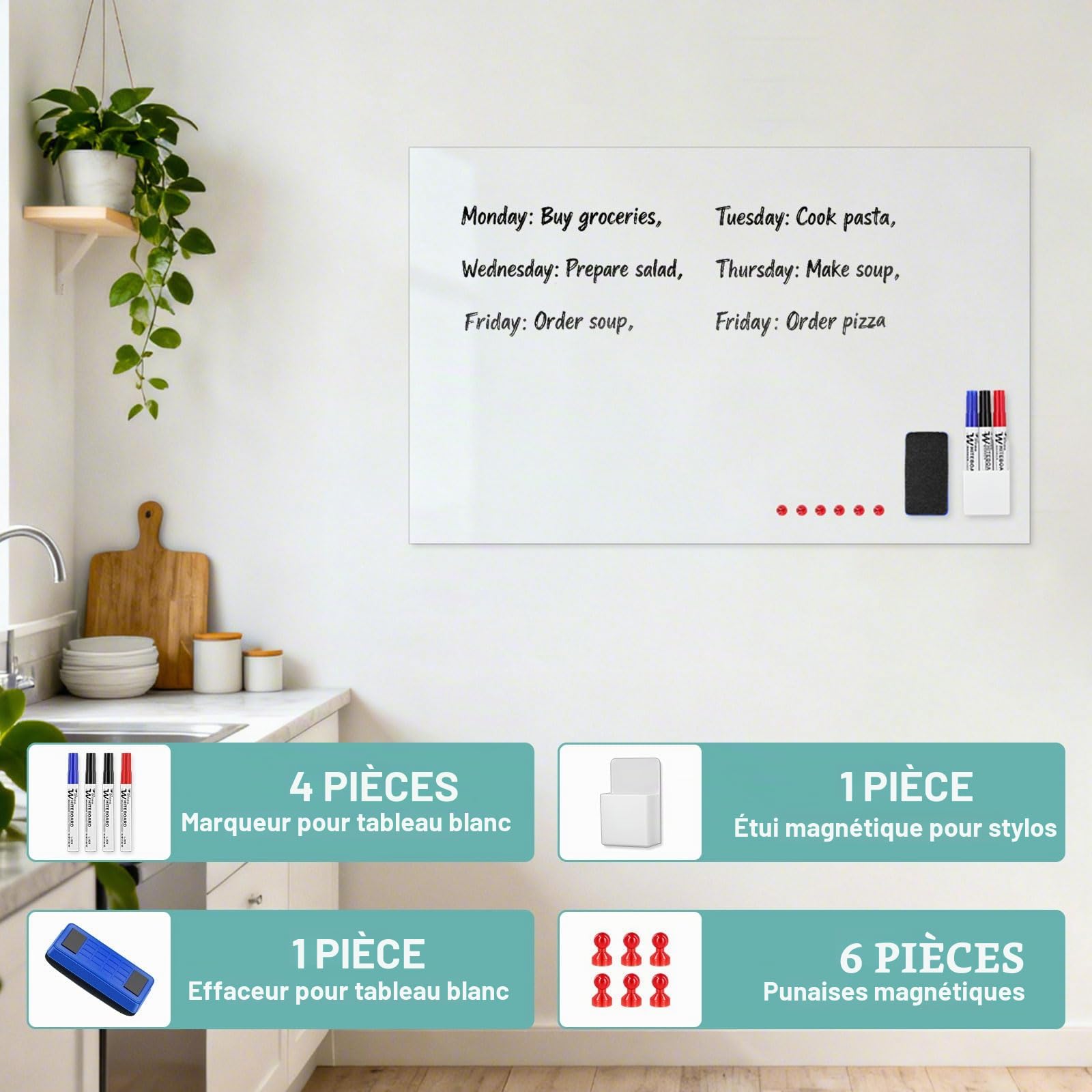 Tableau Blanc Magnétique Autocollant 60x90cm, Tableau Blanc Effacable Magnetique avec 4 Marqueurs + 1 Effaceur++ Aimants+Rack de Stockage Magnétique pour Bureau, École, Maison