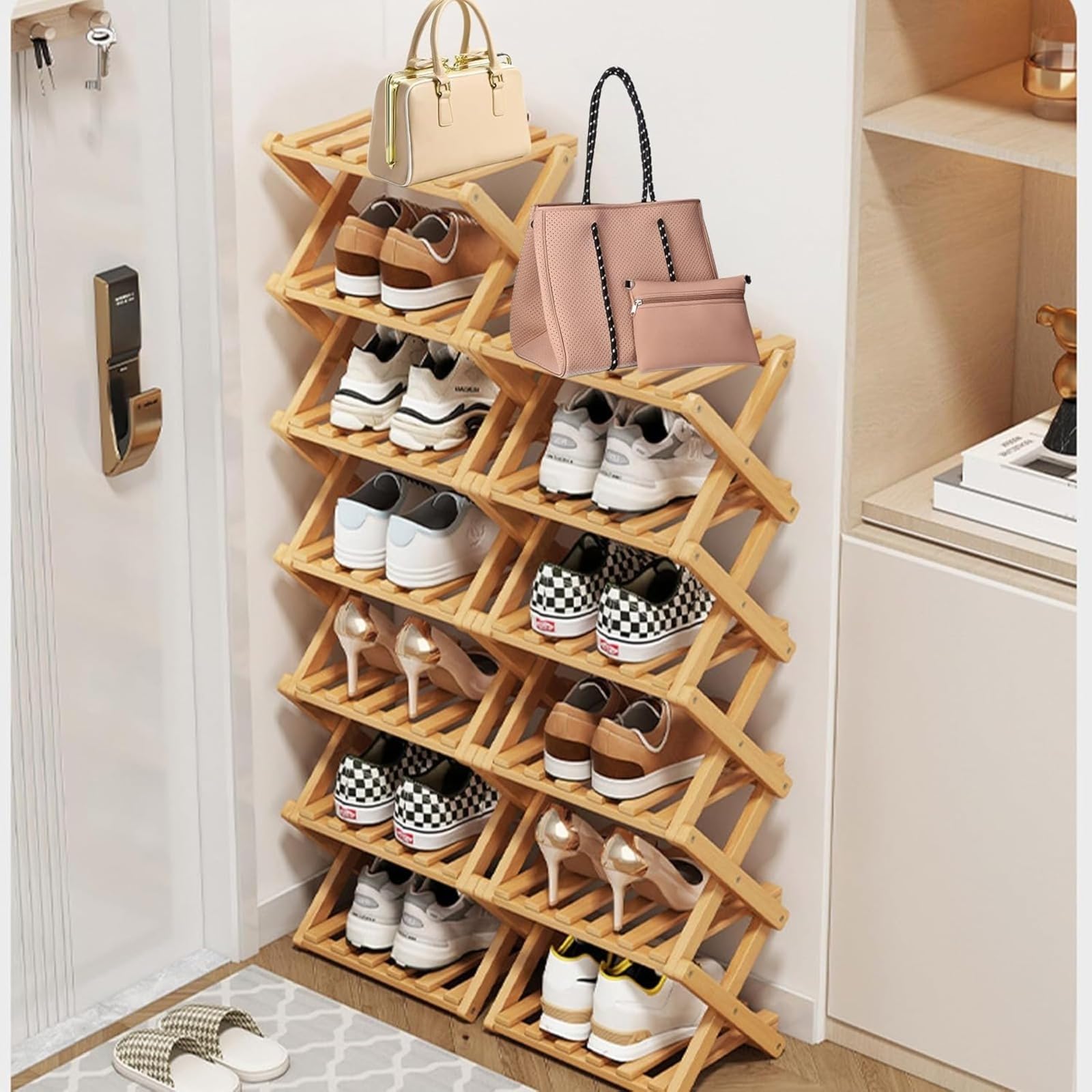 Zapatero Plegable pequeño, Zapatero Vertical Estrecho y Alto, Estantería Plegable de Bambú para Zapatos, Estanteria para Entrada, Armario, Dormitorio, Pasillo Natural, Funcional, Multifuncional