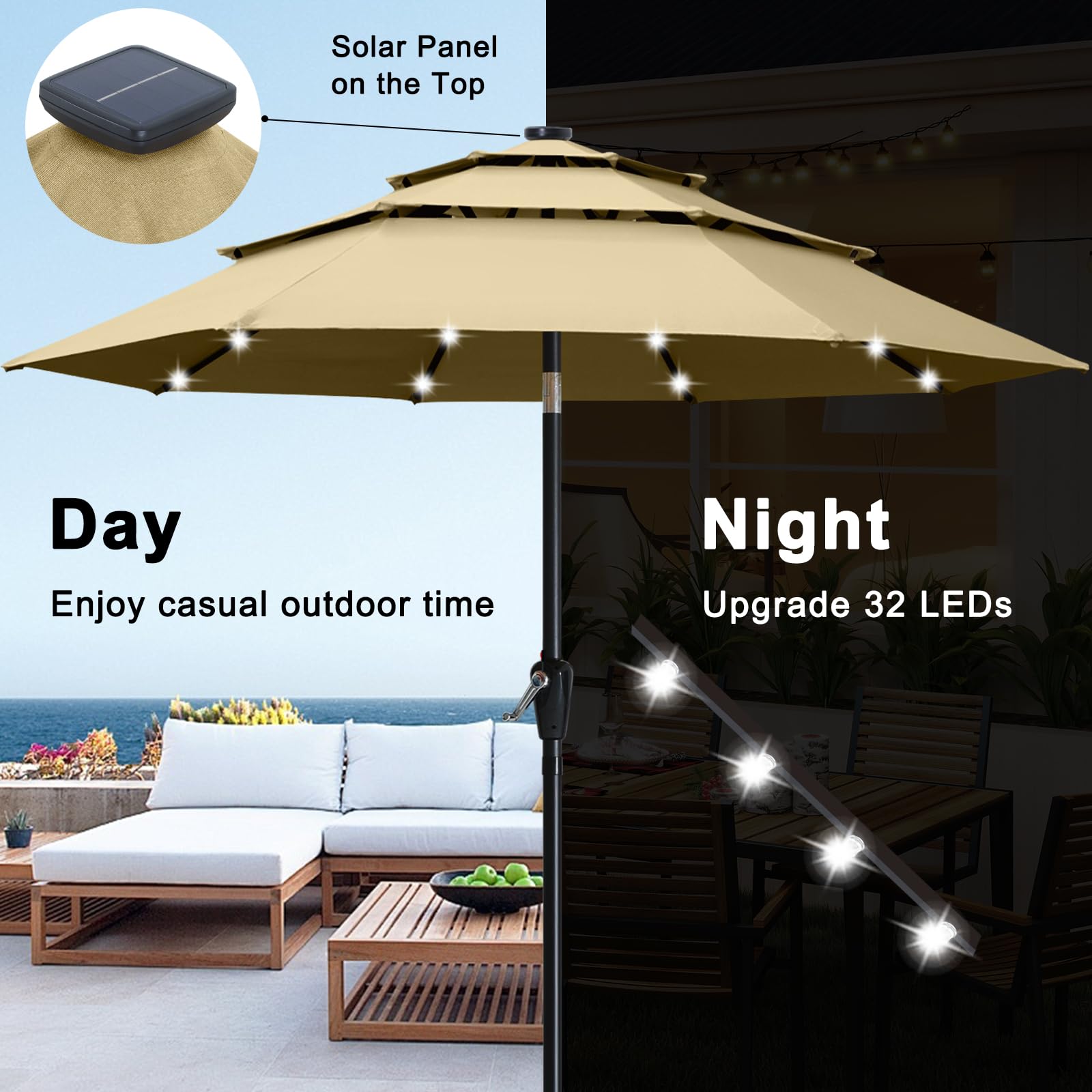 Amazon.com : ABCCANOPY 9FT 3-Tier Solar Patio Umbrella, 32 LED Lights, Khaki