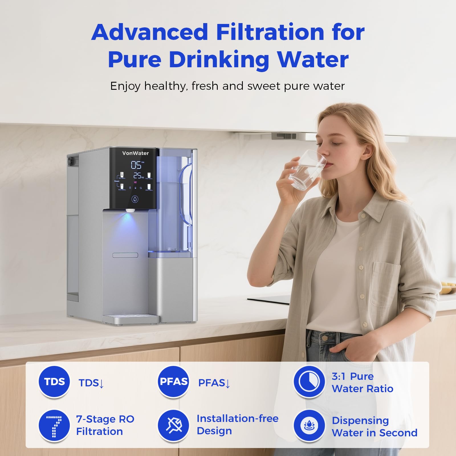 CT910G Filtro de agua de ósmosis inversa para encimera, sistema de filtración de agua RO de 7 etapas, jarra extraíble de purificador de agua portátil de 528 galones, NSF/ANSI 372, reduce TDS
