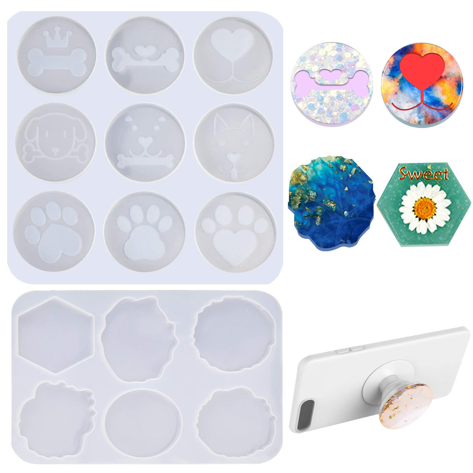 Phone Grip Resin Mold, 2 Pcs Phone Grip Silicone Mold for Resin, 15 Cavity Irregular Round Mount Holder Stand Epoxy Casting Molds for DIY Crafts, Jewelry Making Supplies