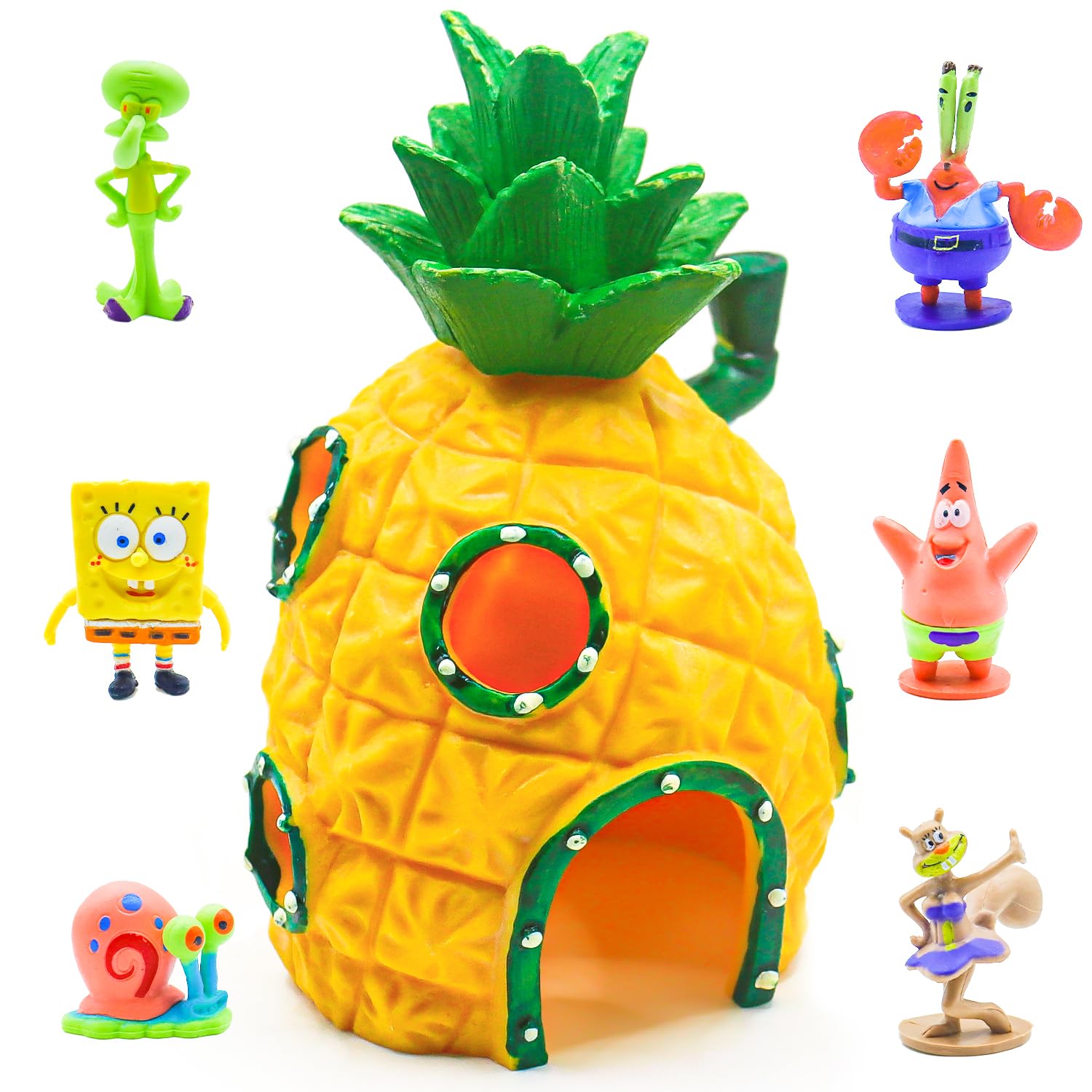 Decoracion Acuario 7Pcs Spongebob Pecera Pequeña Resina para Casa de la Piña - Simulación con Accesorios Adecuada para Peces Pequeños Gambas y Tortugas