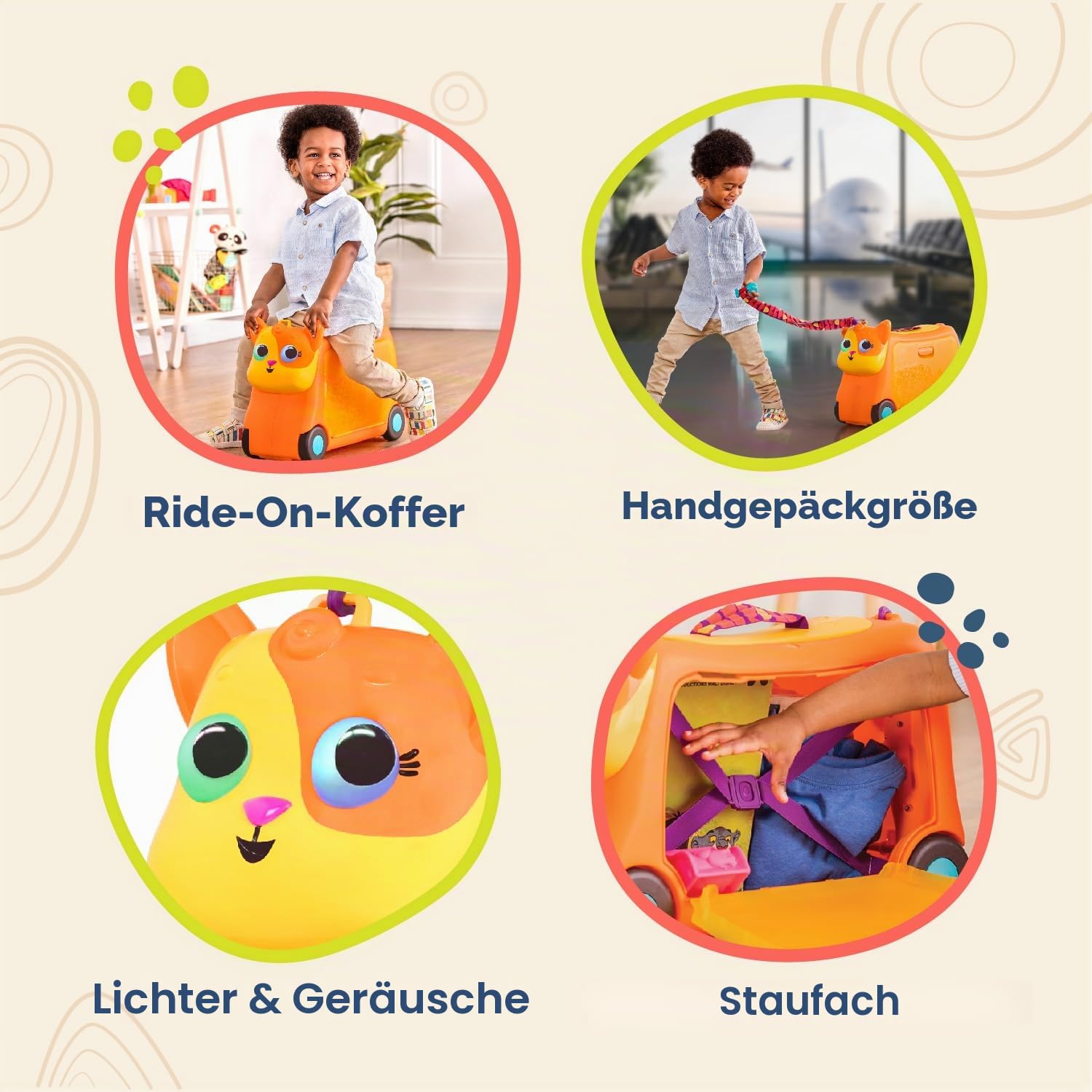 B. toys Gogo Ride-On Lolo, Kinderkoffer zum Aufsitzen, Katze | Kinderkoffer mit Stauraum, elastischen Innengurten, Trageriemen und Fisch als Schlüssel, Katze, Stauraum im Koffer, 2+ Jahre