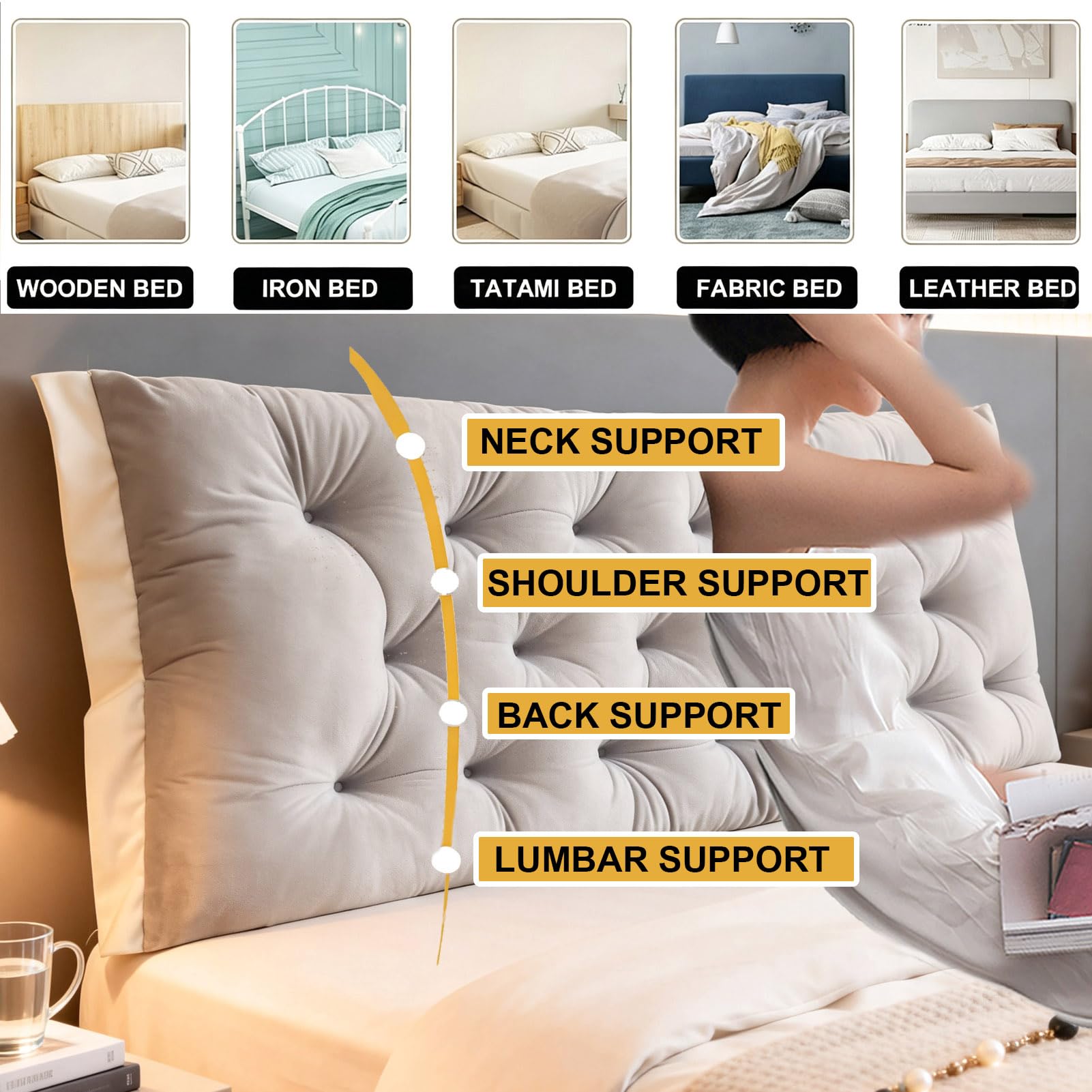 Cuscino Testata Letto Rettangolare,Grande Cuneo Divano Letto con Rullo | Schienale Da Lettura Imbottito in Cotone PP,Cuscino Di Supporto Lombare, Letto Imbottito Con Fascia Elastica