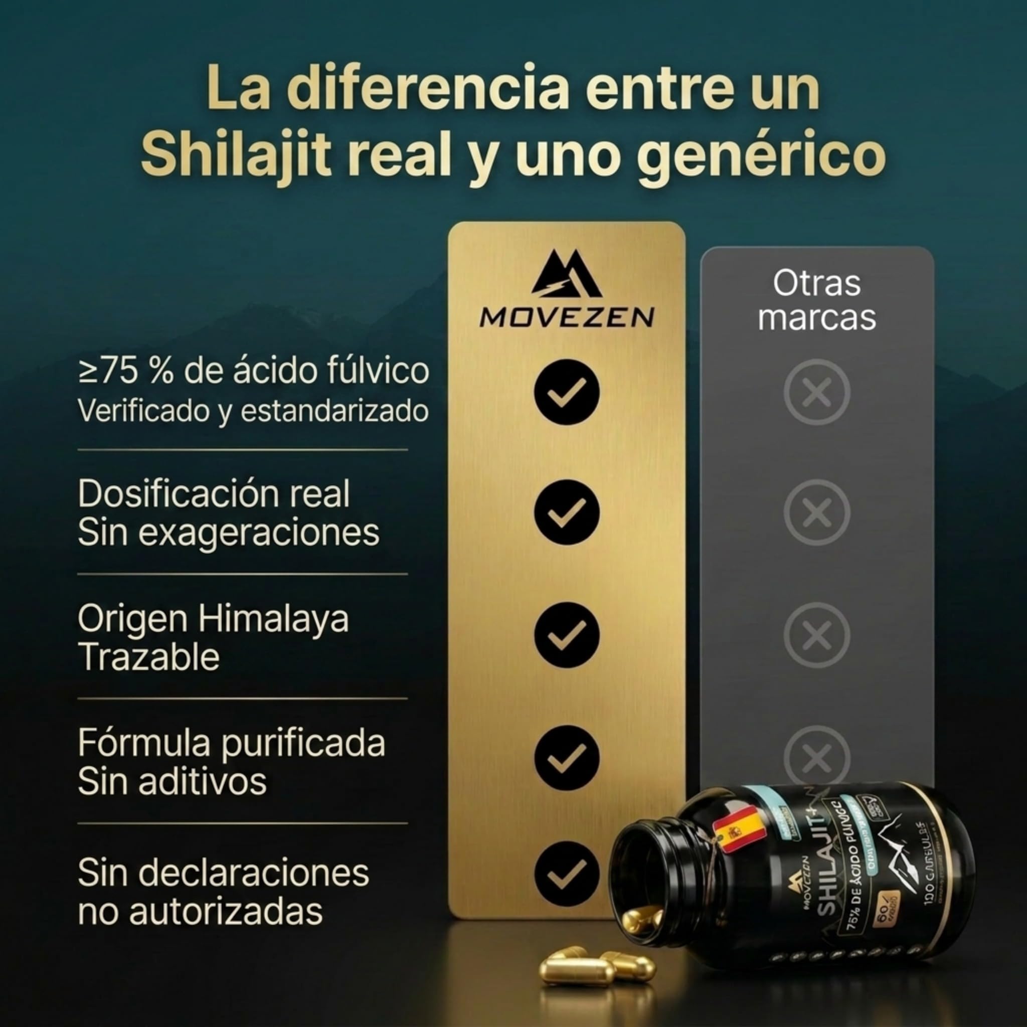 Shilajit+ Cápsulas Movezen, Himalaya, 120 Cápsulas Veganas, Sin Sabor, 1000 mg por Dosis, ≥75% Ácido Fúlvico, 85 Minerales, Hasta 120 Días, Analizado por Eurofins, Calidad Europea (Mumijo)