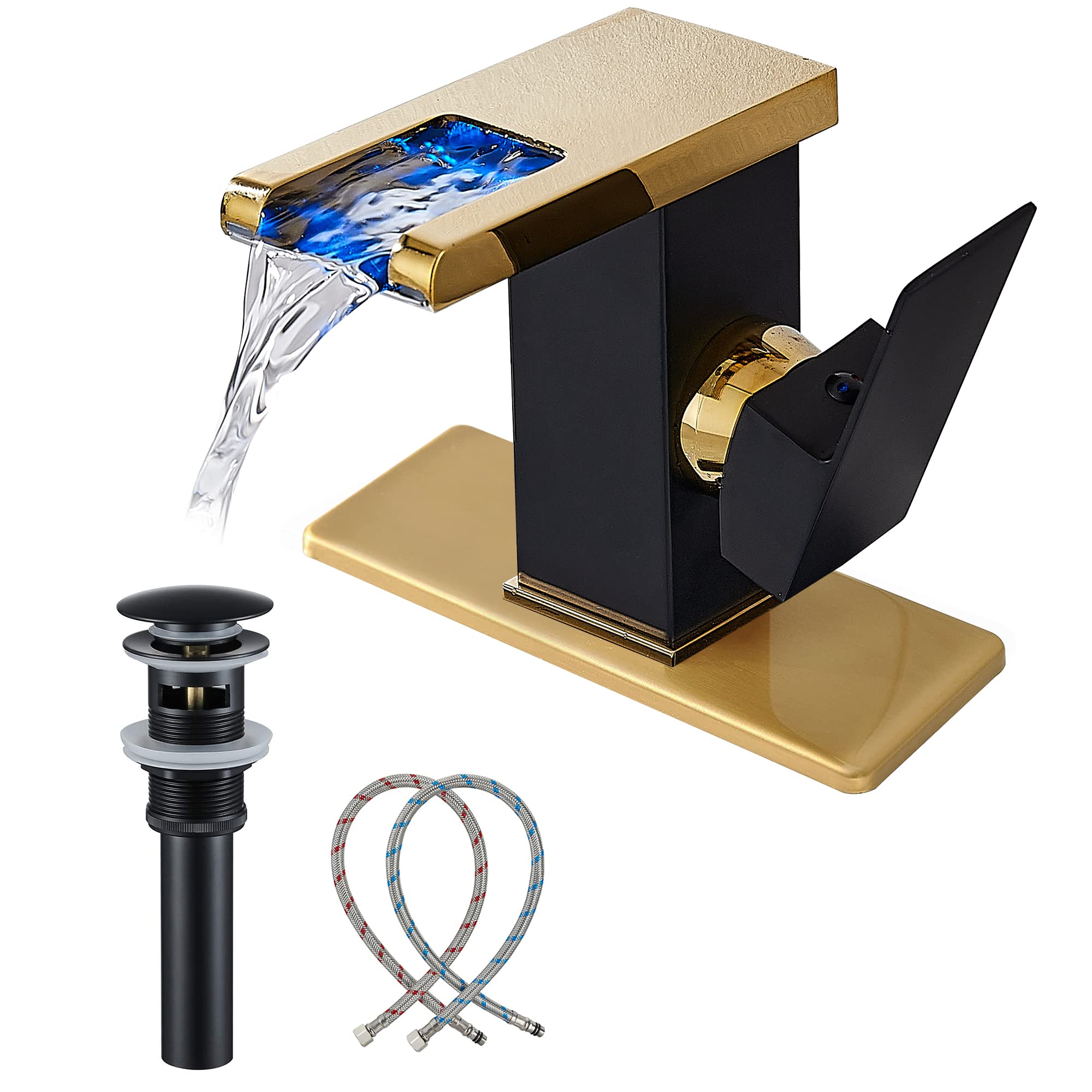 Rubinetto per bagno a foro singolo con maniglia, cascata a LED, beccuccio aperto, nero e oro, moderno, in ottone, per lavabo, 3 fori, lavabo da 4 pollici, con tappo di scarico a scomparsa e troppopi