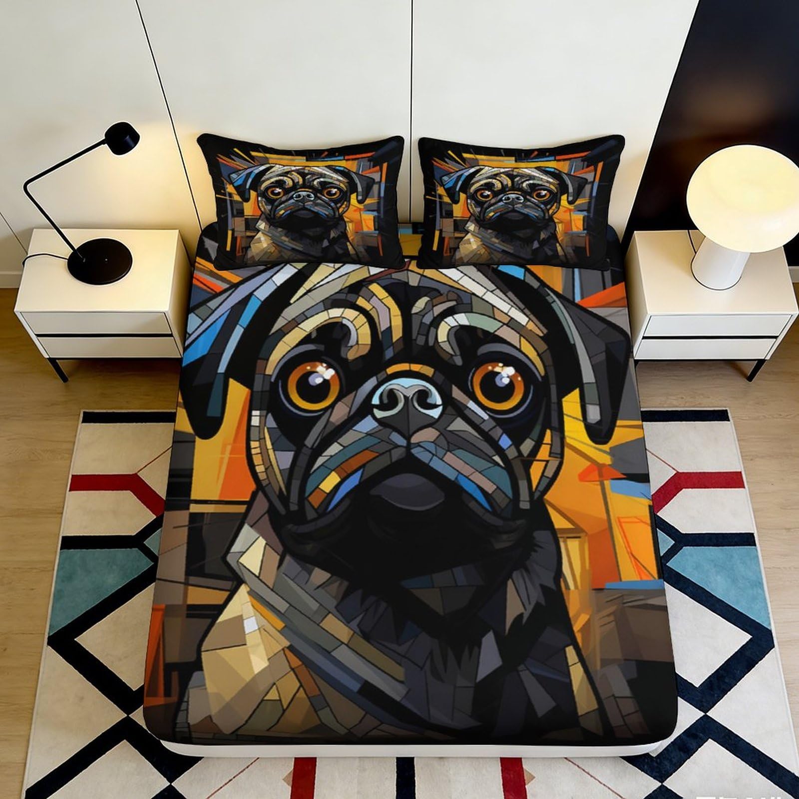 3D Printed Geometric Pug Art Fitted Sheet Microfiber Mattress Cover Anti-Slip Machine Washable Decor for Bedroom Dorm 160x200x25cm