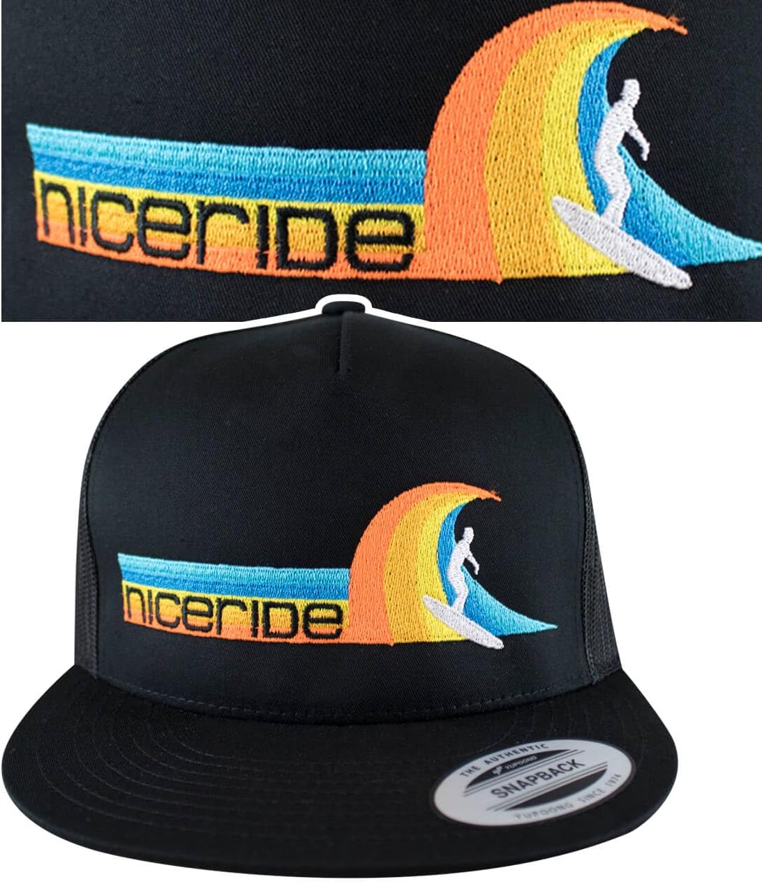 Tasty Waves Classic 6006 Snapback Trucker Baseball Hat - Men's High-Profile Flat Bill Cap - Embroidered Logo (Black)