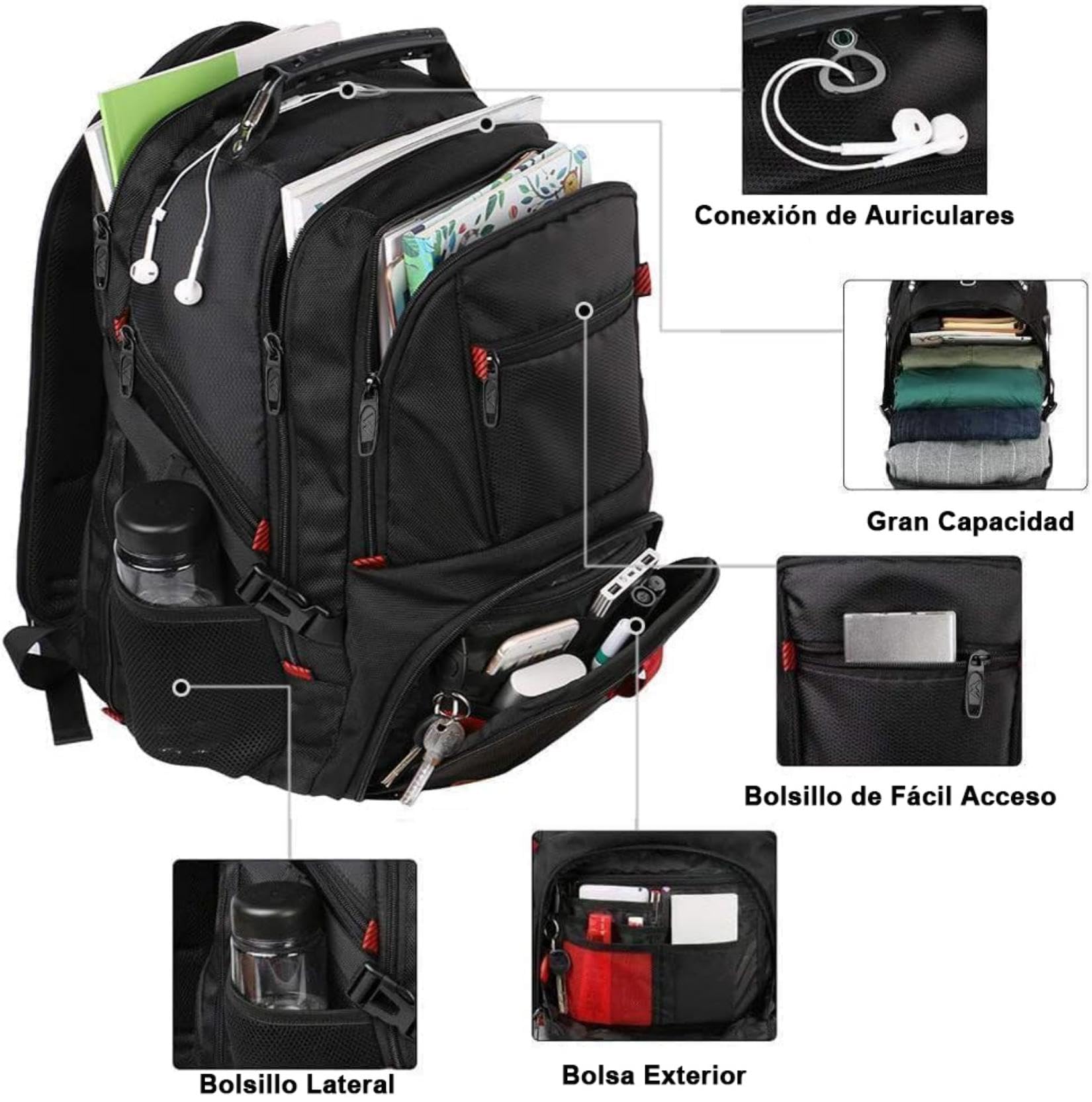 MATEIN Mochila Hombre Grande 50L, Mochila Portatil 17 Pulgadas con Compartimento Ordenador Portatil Multifuncional Impermeable Antirrobo para Negocio Diario Viaje Escolares, Negro