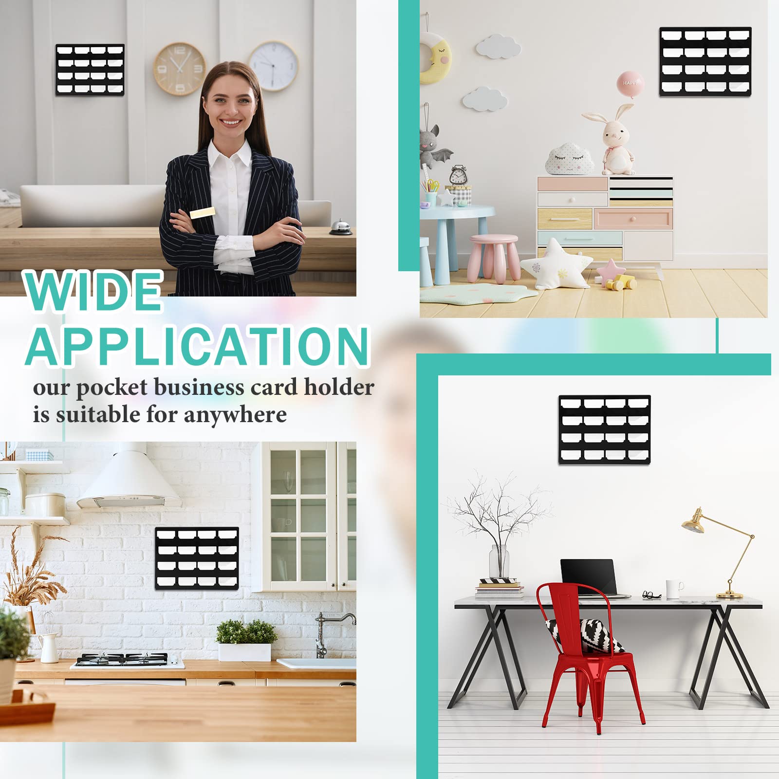 Geelin Lot de 2 supports muraux pour cartes de visite - 16 poches - En acrylique noir - Avec matériel de suspension - Présentoir vertical pour autocollants - Pour bureau et maison (horizontal)