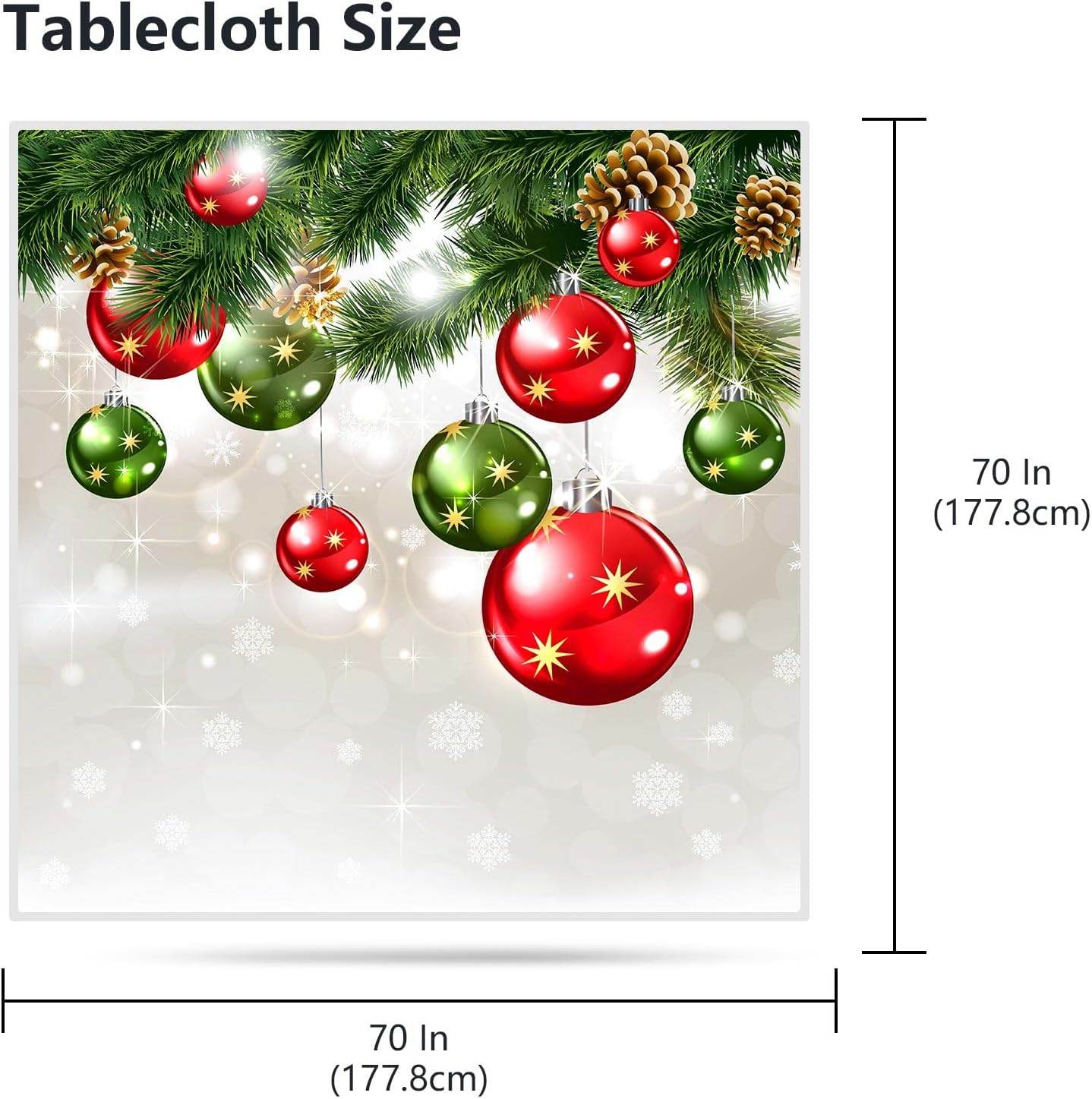 VVA Square Christmas Tablecloth, 70 Inch Winter Colorful Xmas Balls Hang on Pine Tree with Snowflake Baubles Square Table Cloth for Family Kitchen Gatherings Parties Dinner Decor