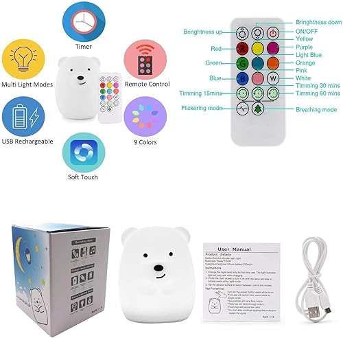 Miniatura 7 de Luz nocturna para niños, lámpara de noche para niñosadultos, luz multicolor con control remoto, resistente a la rotura, cuidado de los ojos, tamaño