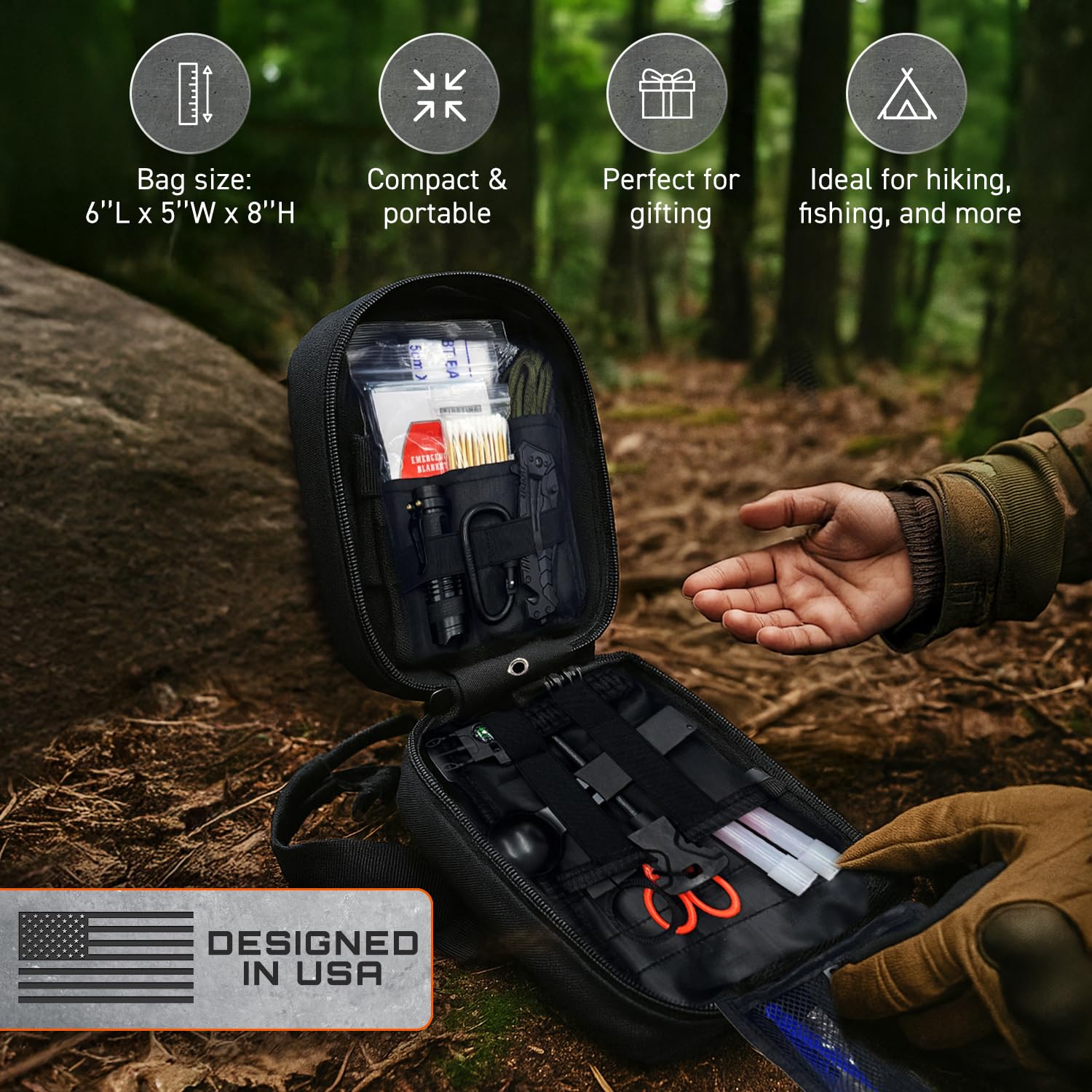 GunZee Kit de supervivencia de 175 piezas, kit de primeros auxilios para emergencias y aventuras al aire libre, IFAK, equipo de pesca, bolsa compatible con Molle, viajes en coche, camping, senderismo