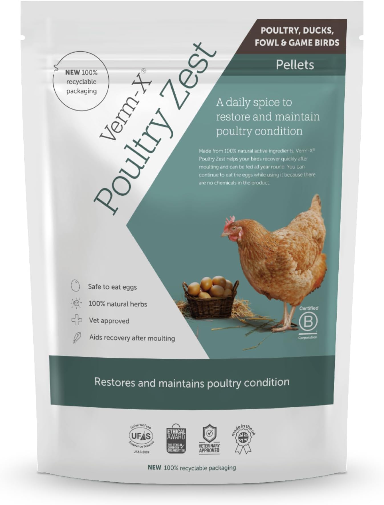 Verm-X Poultry Zest for Recovery After Moulting. Restores and Maintains Condition for Chickens, Ducks, Geese and Turkeys. Vet approved. UFAS assured. Safe to Eat Egg Whilst Feeding.,500 g (Pack of 1)