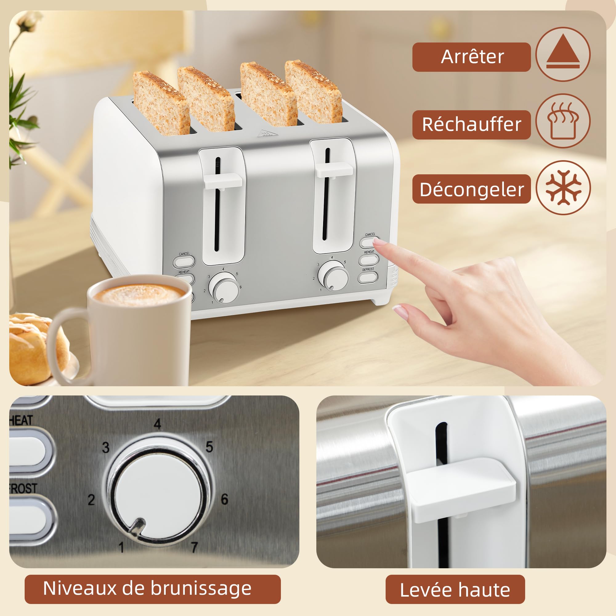 HOMCOM Ensemble bouilloire et grille-pain en inox 2200 W 1,7 L avec grille-pain 4 tranches, chauffage rapide, 7 niveaux de brunissage, thermostat Strix, filtre anti-calcaire, plateau à miettes, blanc