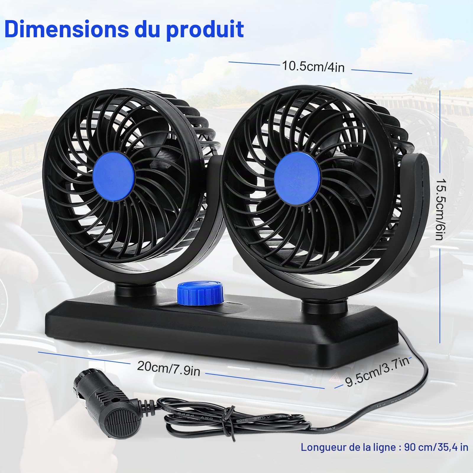 Ventilateur de refroidissement portable pour voiture, ventilateur de voiture 12V/24V, ventilateur de tête double avec ventilateur de refroidissement réglable à 2 vitesses (12V bleu)