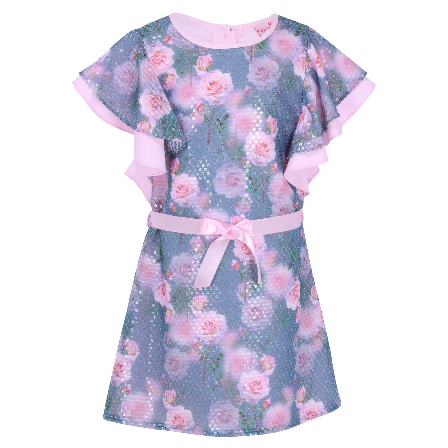 CutecumberGirls Georgette Floral Printed Pink Dress. CC4811D-PINK