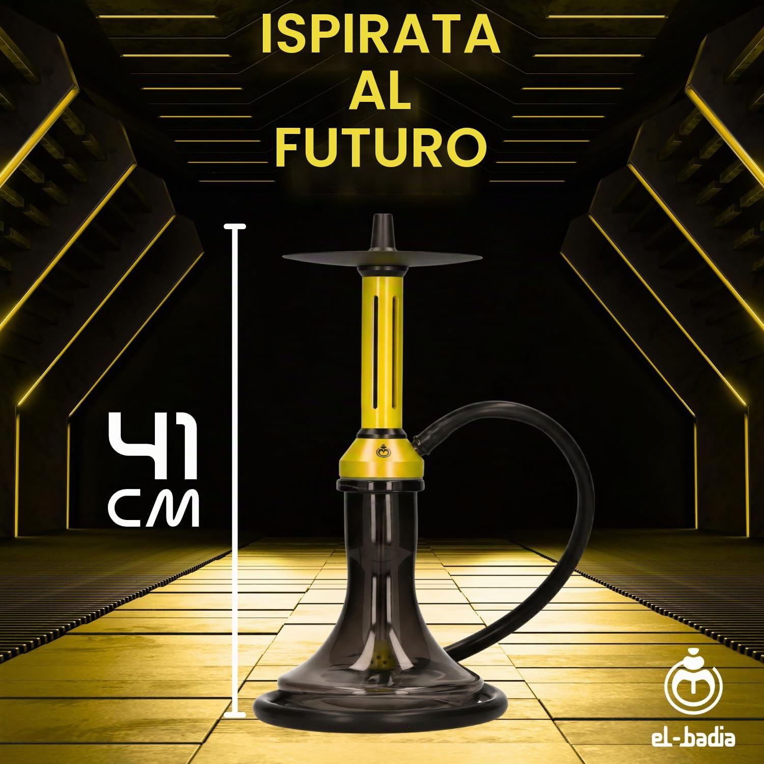 EL-BADIA® Fusion Shisha – 46 cm – Grande Shisha Moderna in Alluminio con Vaso in Vetro, Diffusore Removibile, Purga 360°, Tubo e Braciere in Silicone – Narghilè Premium – Set Completo (Yellow)