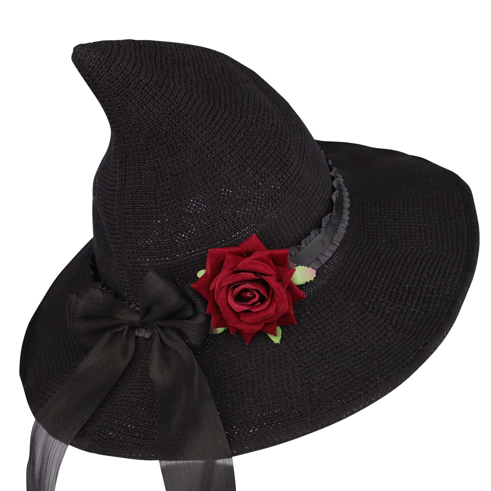 HKSICHENGKEJIUK Halloween Witch Hat With Rose Bow, Women Pointed Wide Brim Costume Accessory - Image 3