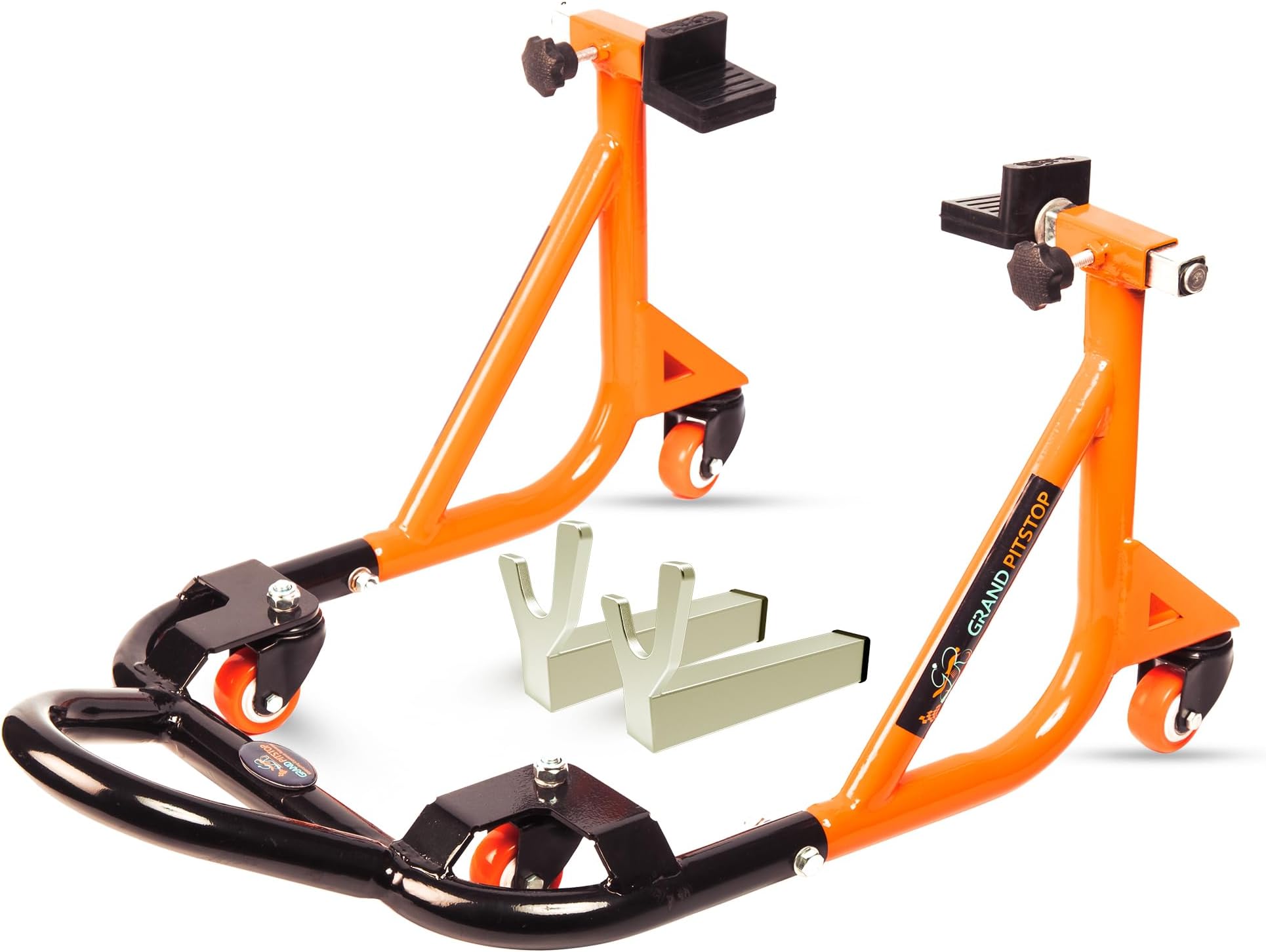 Grand Pitstop Universal Adjustable Rear Paddock Stand for Motorcycle with Swingarm Rest (360° Dismantable, Black Orange, Motorcycle Weight Up to 500 lbs/ 226 Kgs)