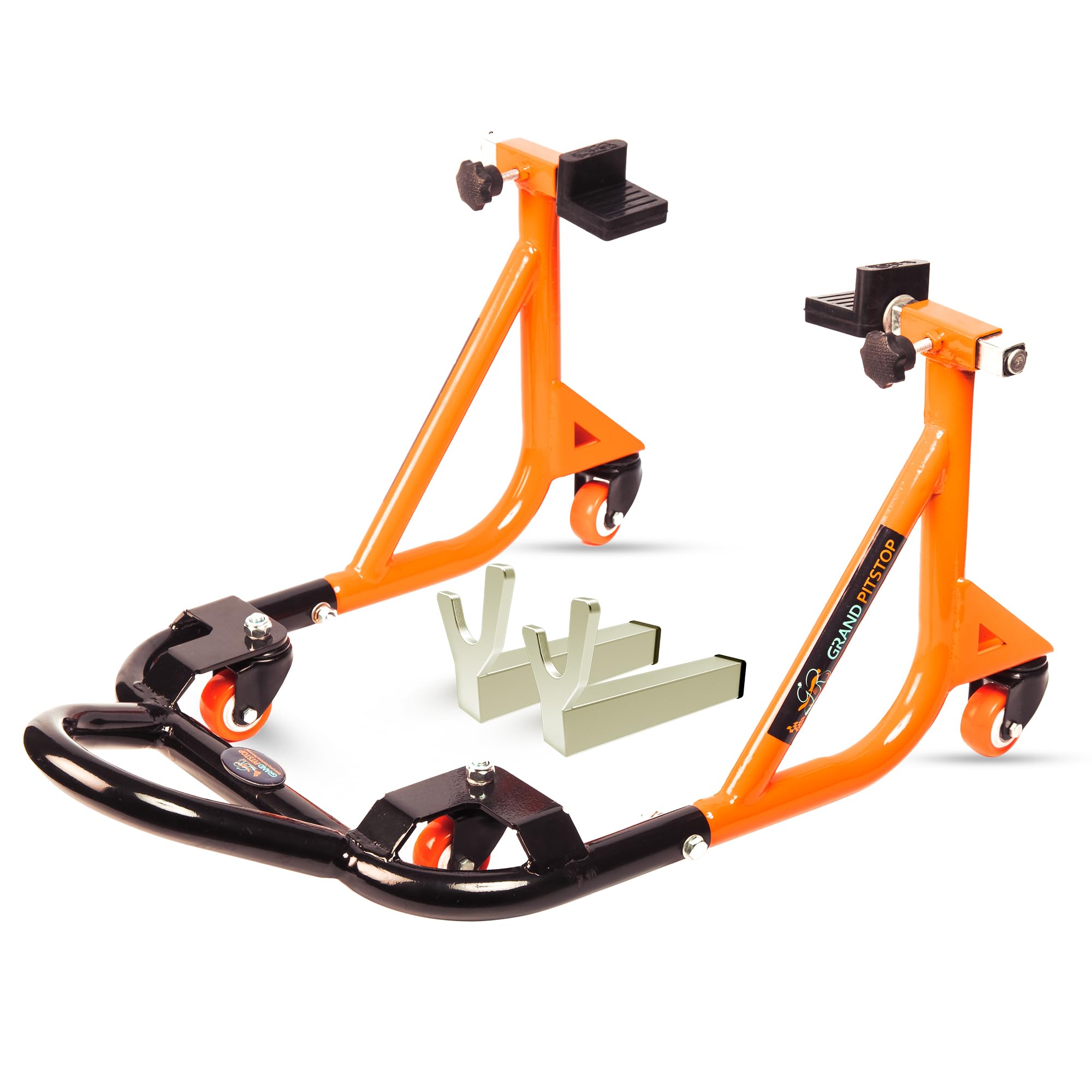 Grand Pitstop Universal Adjustable Rear Paddock Stand for Motorcycle with Swingarm Rest (360° Dismantable, Black Orange, Motorcycle Weight Up to 500 lbs/ 226 Kgs)